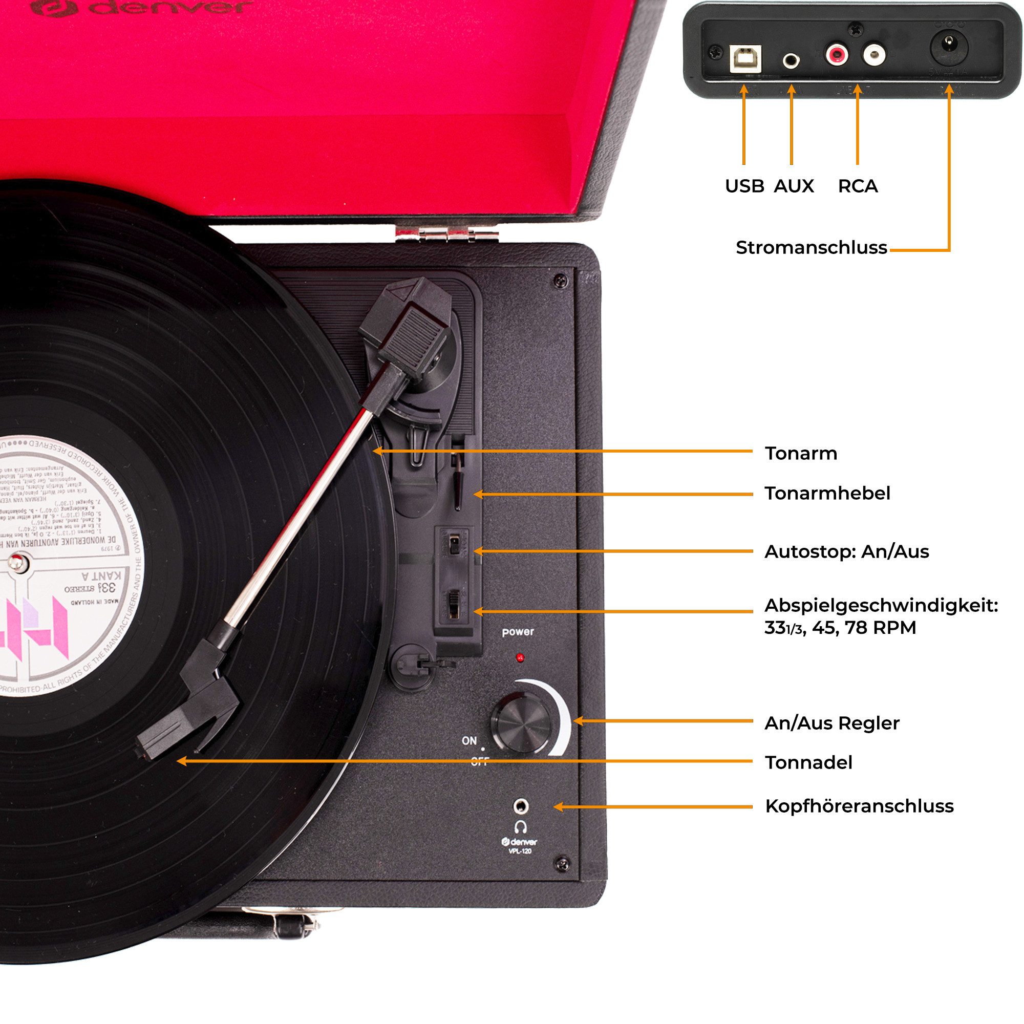 Denver VPL-120B Plattenspieler (Riemenantrieb, Kofferdesign, Kopfhöreranschluss, mit 2 eingebauten Lautsprechern)