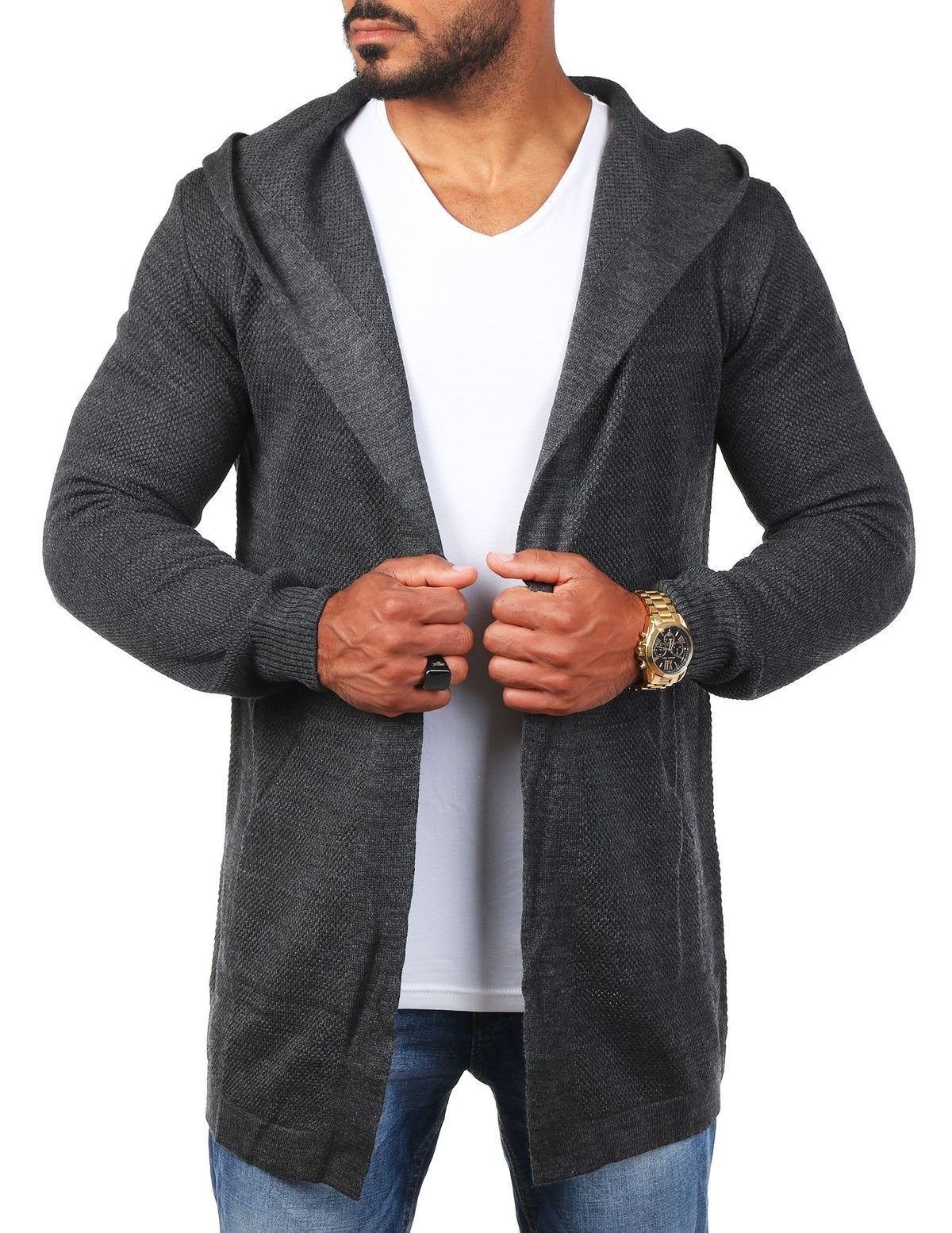 Passform in Herren Feinstrick Cardigan Dunkelgrau Weste Unifarbe leichte lange CARISMA Strickjacke Herren 7717