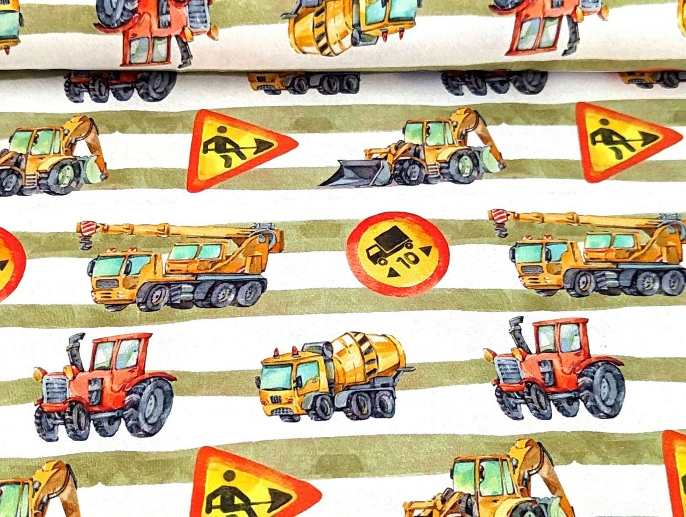 Thumbnail - Corileo Stoff Baumwolljersey Digital Baustelle Baufahrzeuge Streifen Grün/Weiß Stoff