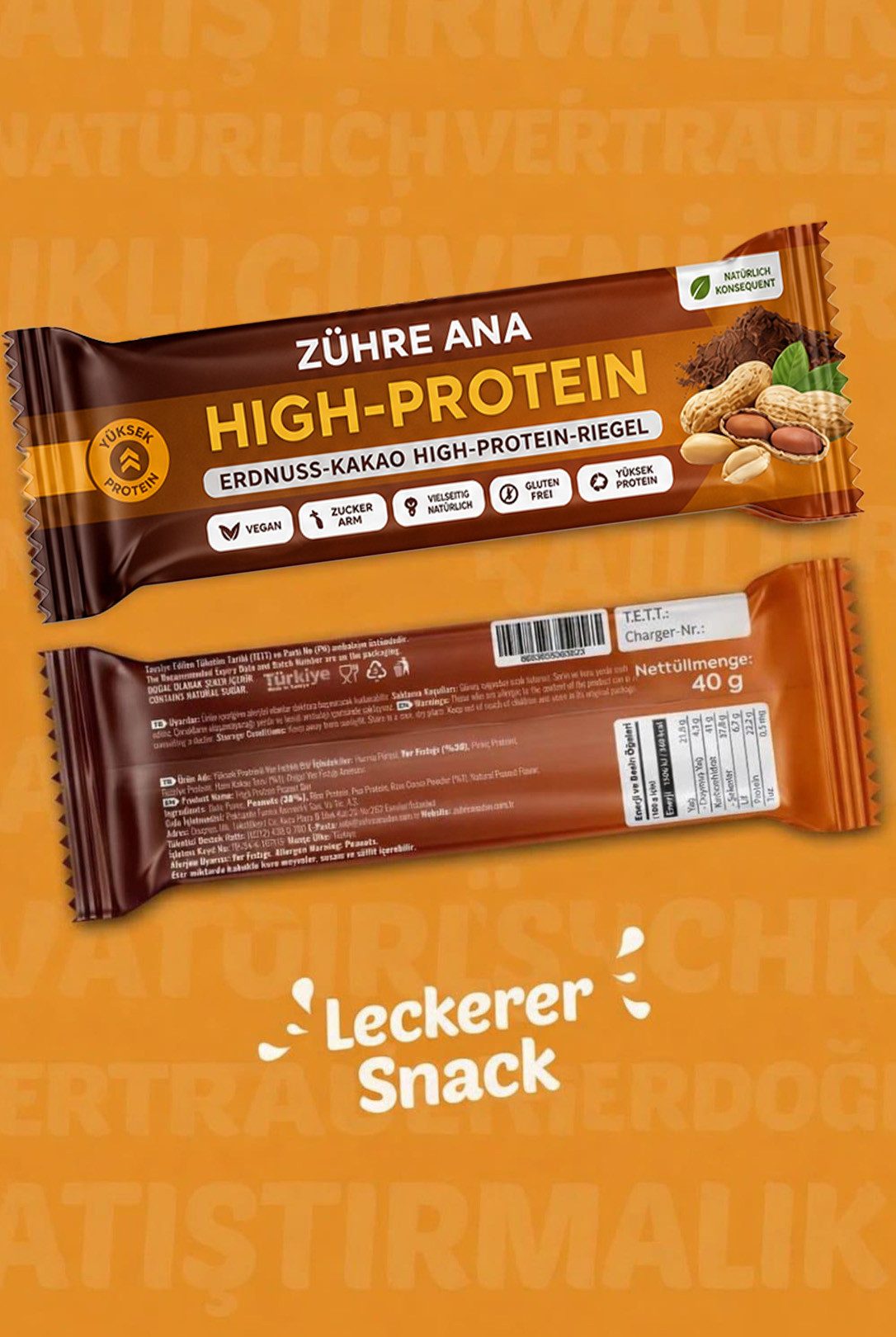 Zühre Ana® Riegel Erdnuss Kakao Proteinriegel 12x – Vegan, Glutenfrei, Zuckerfrei, 420 g, Proteinreicher, leckerer Snack, 35gr x 12 Stück