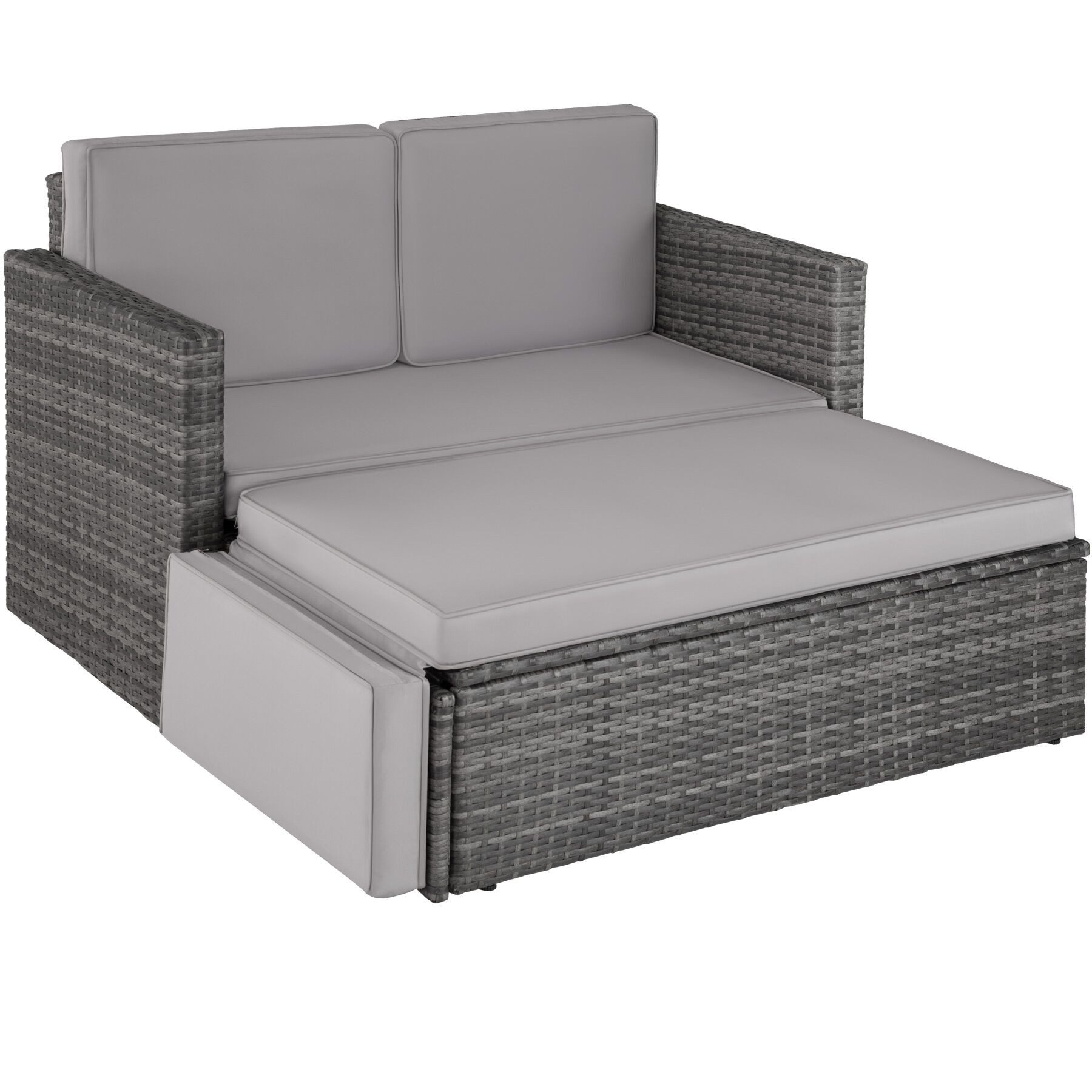 tectake Loungeset Rattan Lounge, Hocker mit klappbarer Stütze, (Gartenlounge Korfu, 2-tlg., in grau), 2-Sitzer, widerstandsfähig, UV-beständig, Dicke der Polster 8 cm
