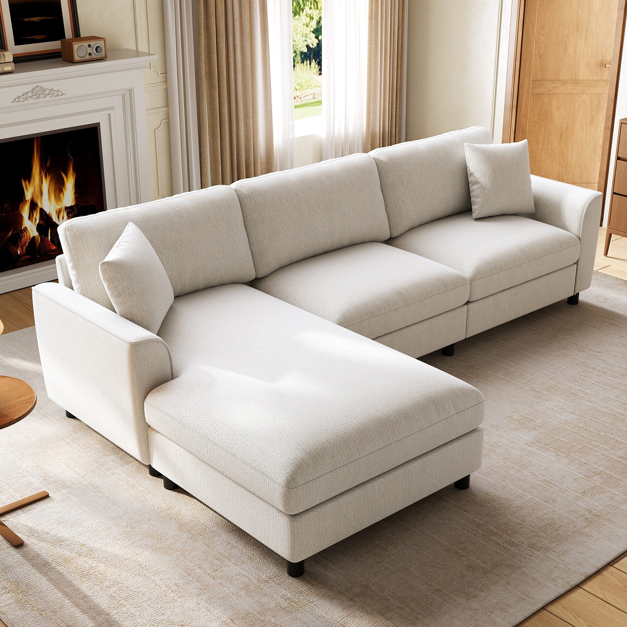Flieks Ecksofa L-Form 3-Sitzer Schlafsofa, Chaiselongue links/rechts wechselbar, 256×137×79 cm, modularer Eckcouch Wolkenform mit Liegefläche Chenille Beige