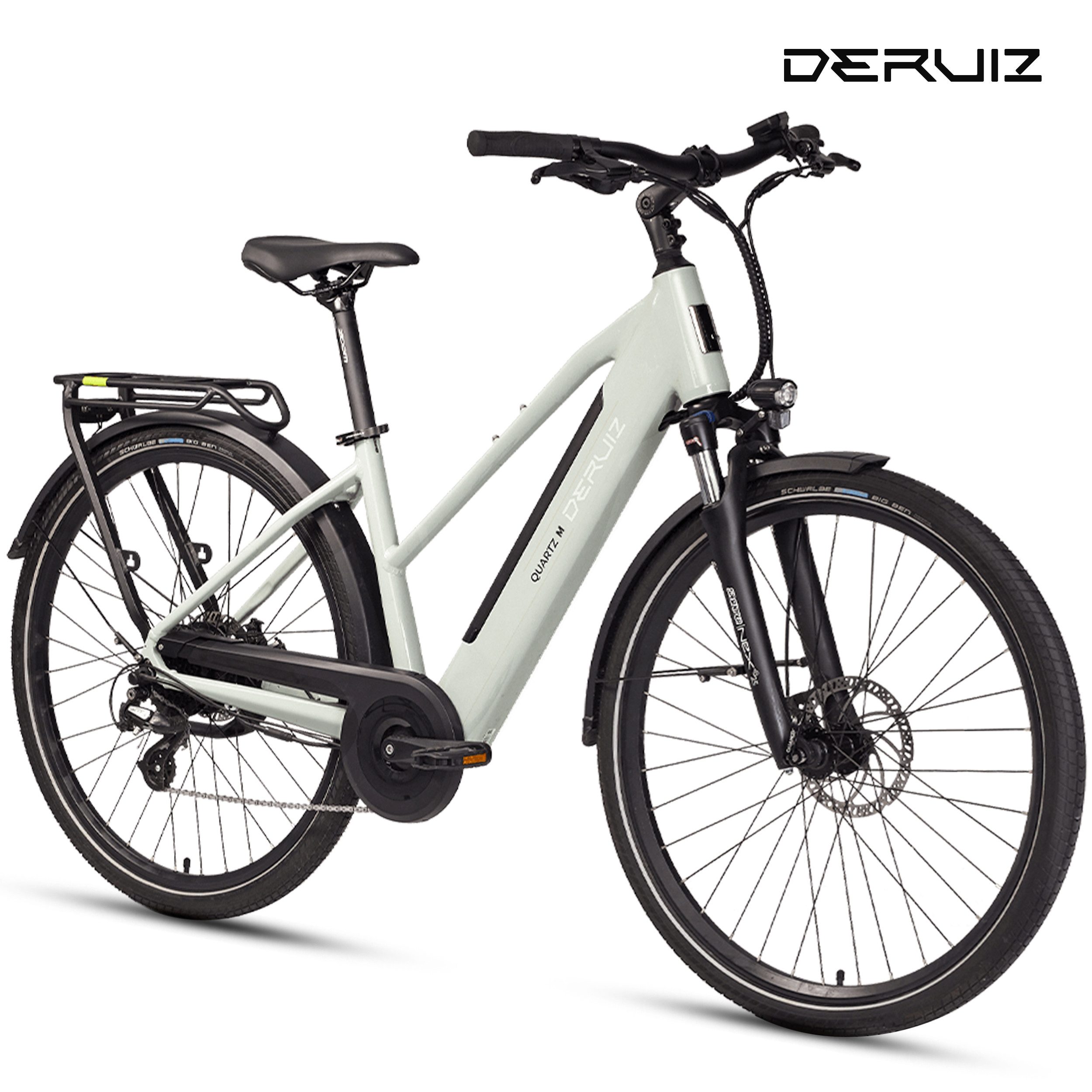 DERUIZ E-Bike Cityrad 28 Zoll, 121 km, 5 Stufen, Drehmomentsensor, Bluetooth, bis zu 140kg, 8 Gang SHIMANO Altus Schaltwerk, Kettenschaltung, Heckmotor, 483 Wh, (Federgabel mit Lockout, Hydr. Scheibenbremsen, 25kg Gepäckträger), 5 Stufen, Trapezrahmen, RH: 44 cm, Elektrofahrrad für Damen Herren