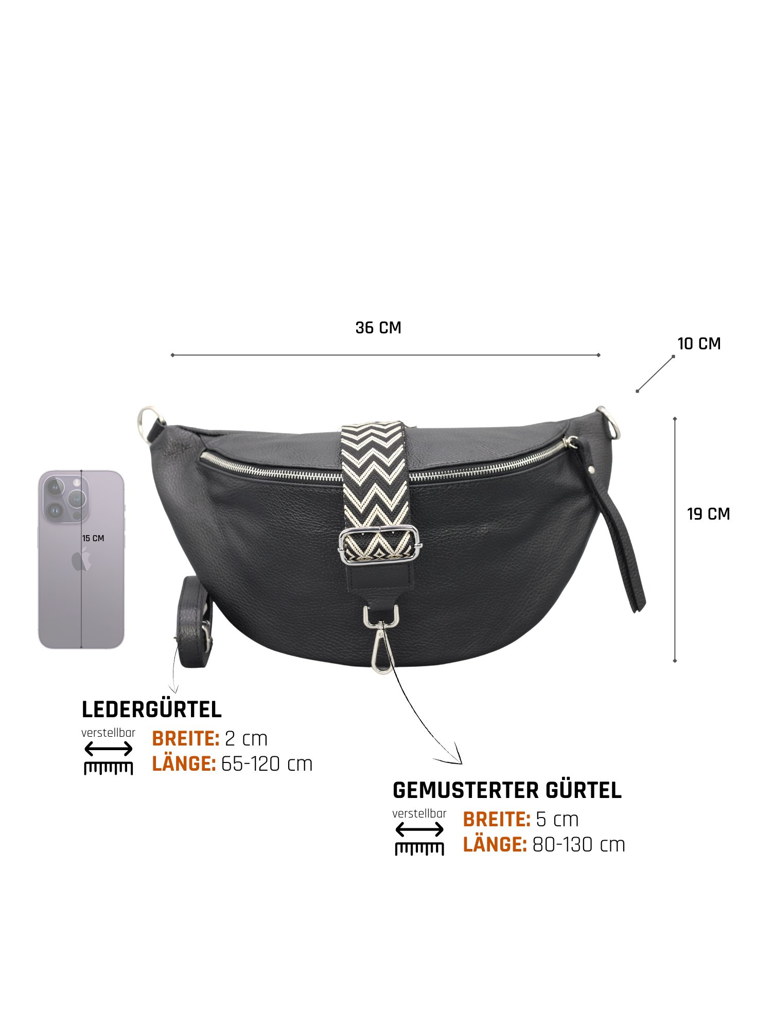 Adel Bags Schultertasche EMMA XL Umhängetasche Crossbody Bag Gürteltasche mit 2 Riemen, echtes Leder, hergestellt in Italien