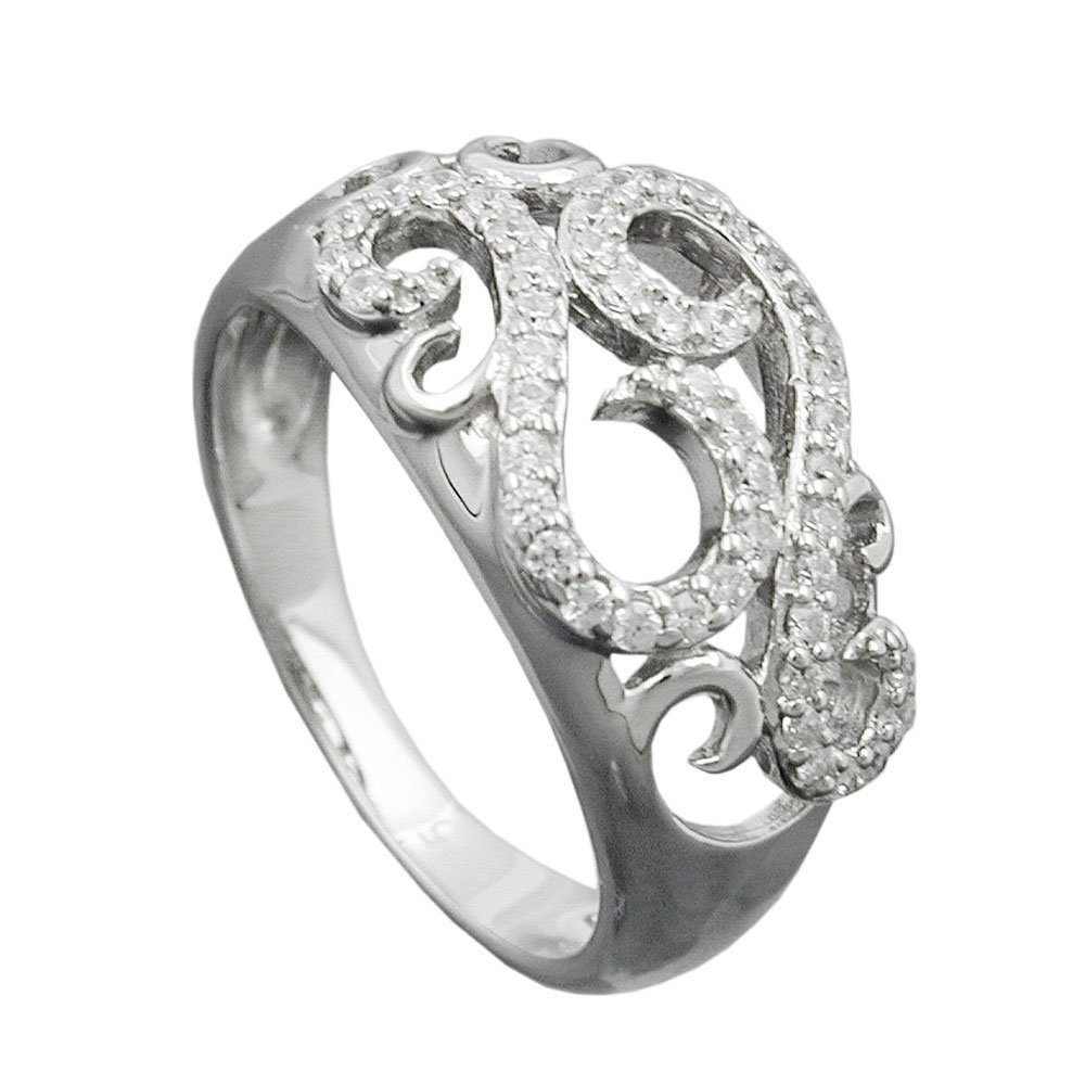 mit glänzend 11mm Silberring Gallay 925 Ring Ringgröße Zirkonias Silber Sterling Silber 56, vielen floral rhodiniert aus