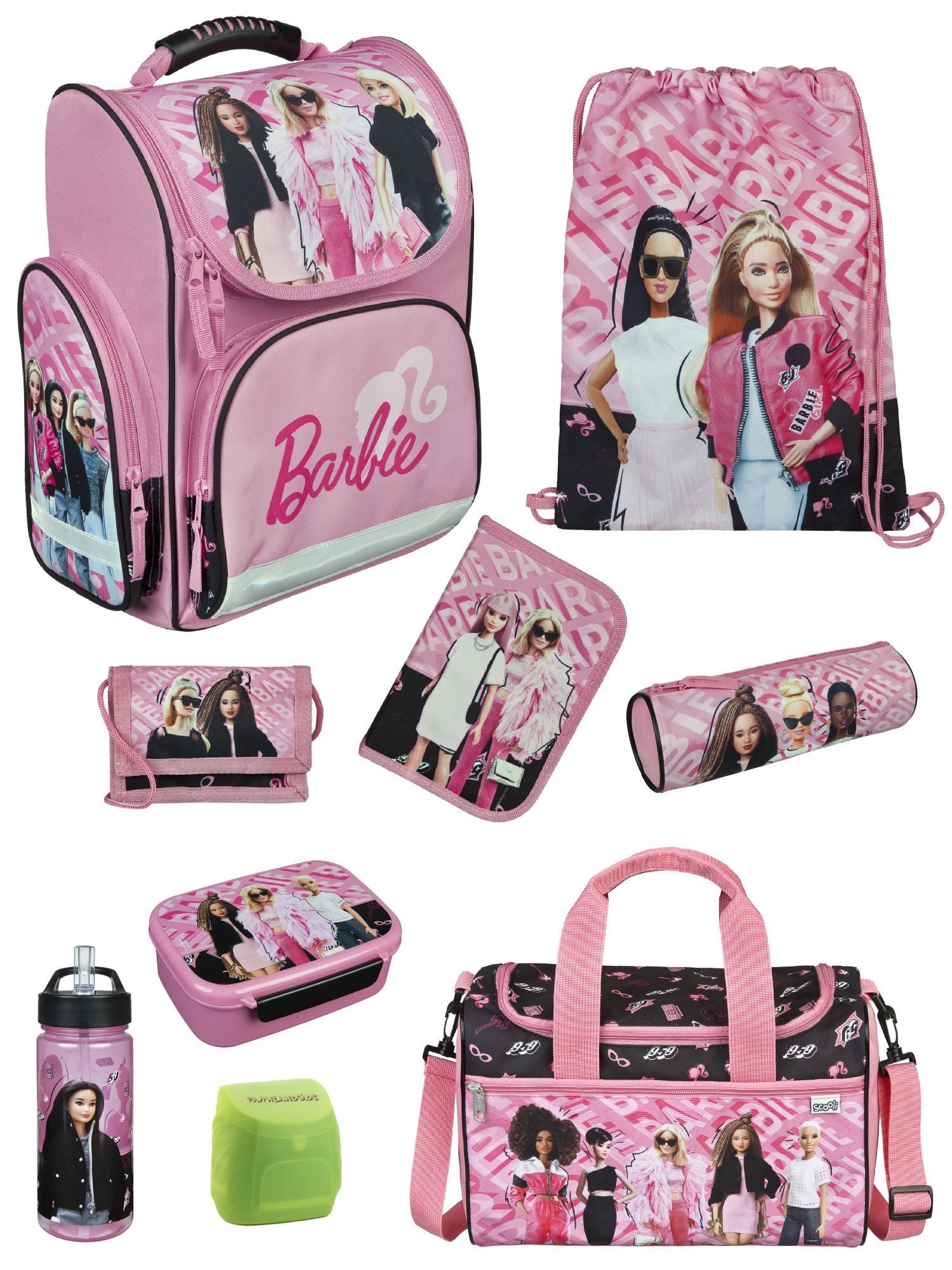Familando Schulranzen Clou Barbie Schultasche, rosa, ab 1. Klasse (Erweitertes Set, 9-tlg., mit Lunch-Set und Sporttasche), kompakt, mit 2-Wege-Reißverschluss