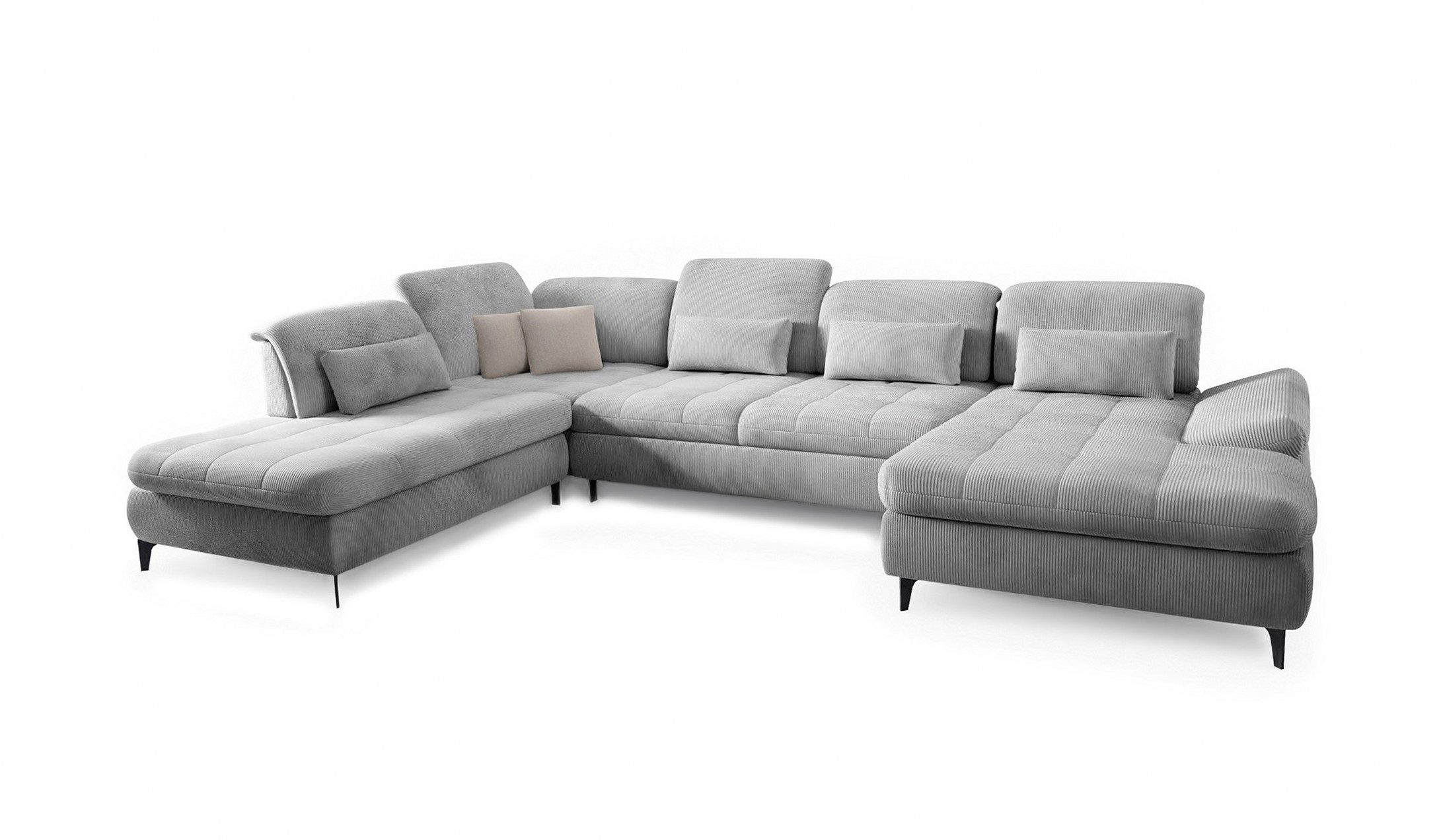 Hygger Möbelhaus Wohnlandschaft Nola U-Form XXL in Cord, mit Schlaffunktion und 2 Bettkästen, Eckcouch B × T₁ / T₂: 370 × 170/230 cm, inkl. Sitztiefenverstellung, Kopfteilverstellung, Armteilverstellung
