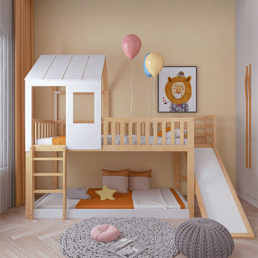 XDeer Etagenbett Kinderbett mit rechtwinkliger Leiter und Rutsche, 90x200, Hausbett mit Dach und Fenster, Rahmen aus Kiefer
