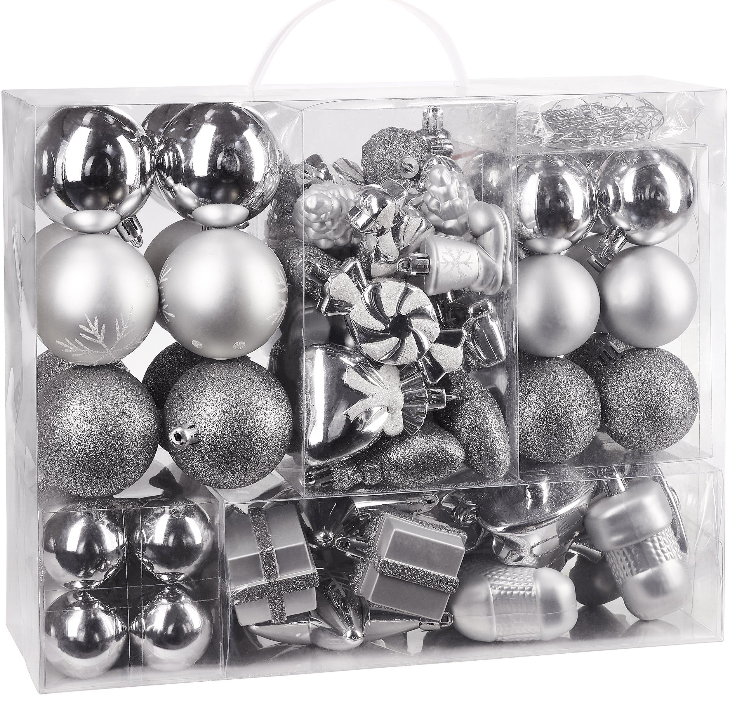 BRUBAKER Weihnachtsbaumkugel 77-teiliges Weihnachtskugel-Set, Christbaumschmuck aus Kunststoff, Weihnachtsdekoration Baumkugeln Silber