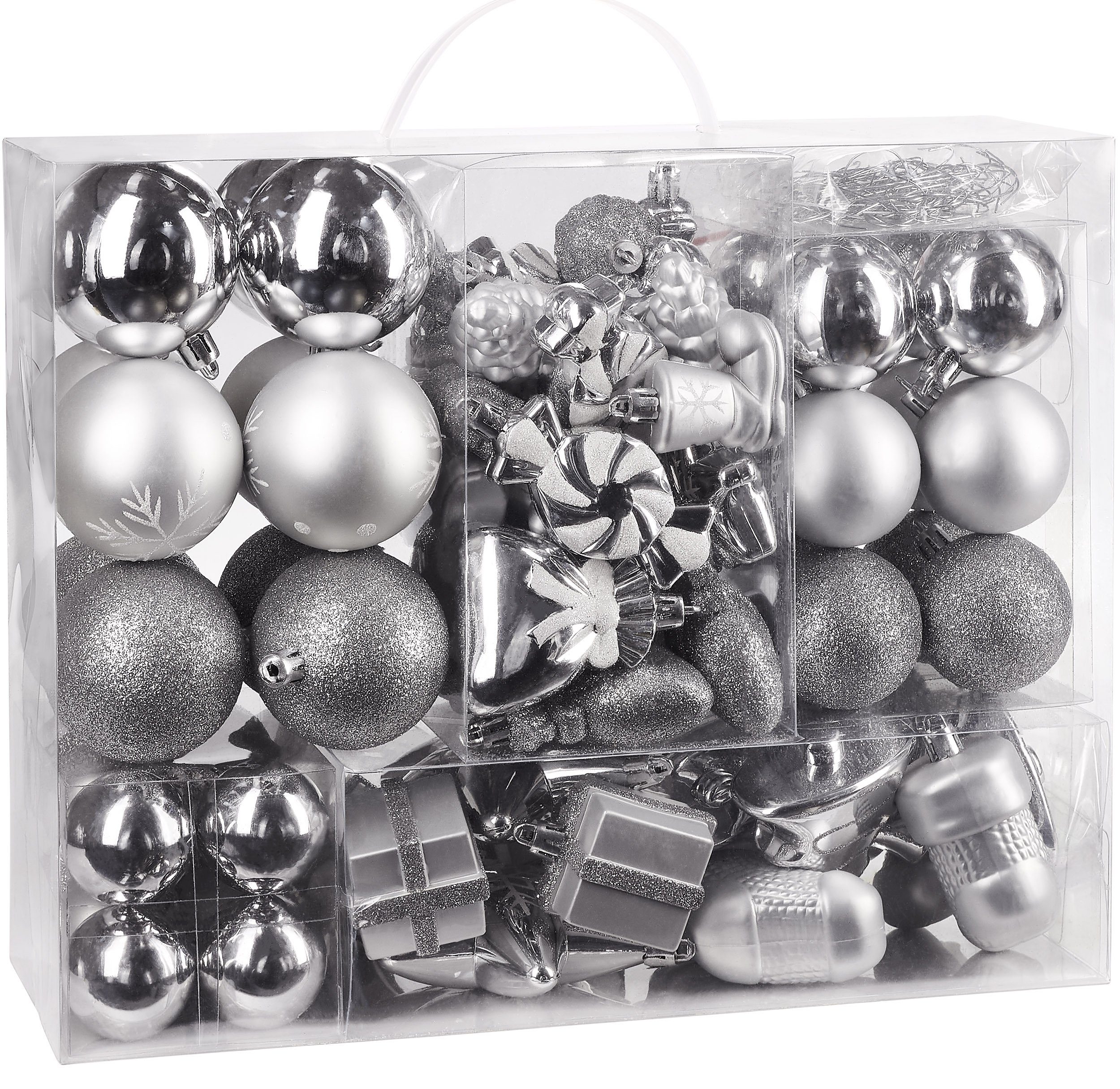 BRUBAKER Weihnachtsbaumkugel Baumkugeln 77-teiliges aus Silber Weihnachtsdekoration Christbaumschmuck Kunststoff, Weihnachtskugel-Set,