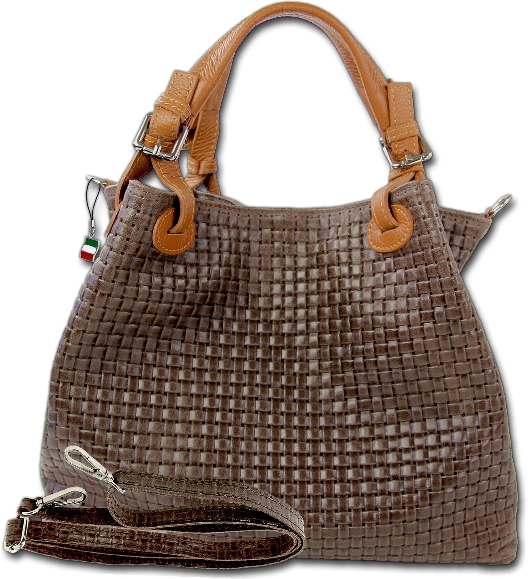 FLORENCE Umhängetasche Florence Damen Handtasche Echtleder (Umhängetasche, Umhängetasche), Damen Tasche Echtes Leder dunkelbraun, geprägtes Flechtmuster