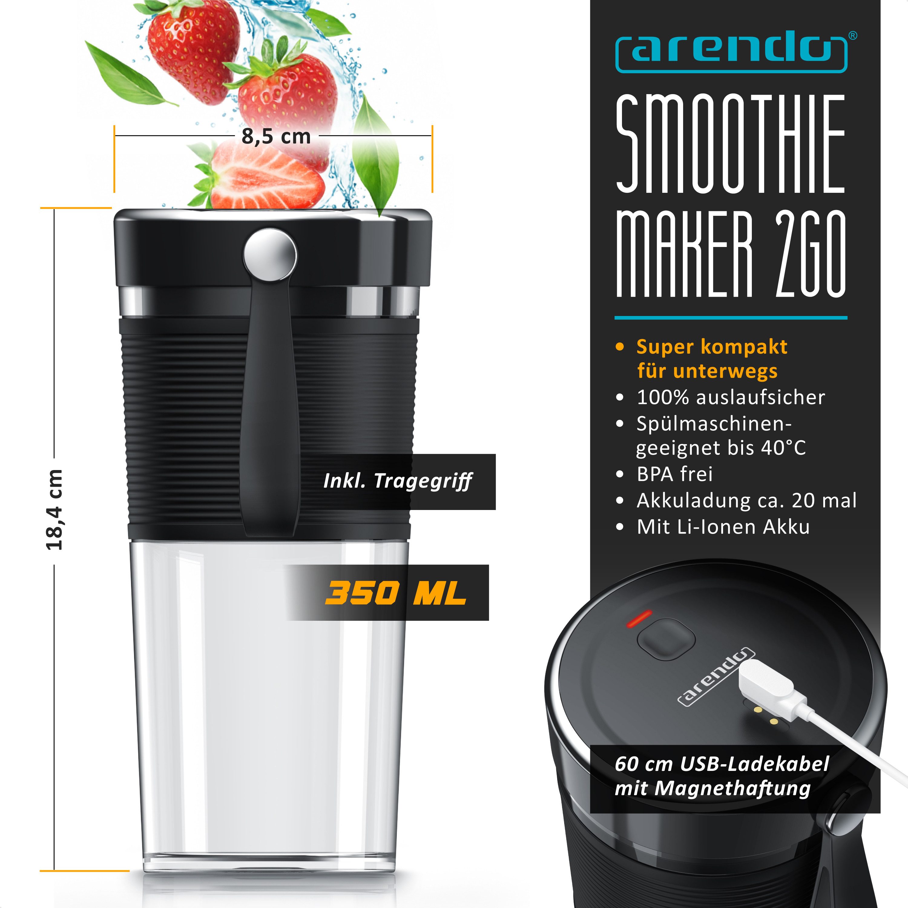 Arendo Smoothie-Maker 2GO mit Akku, kompakter tragbarer Mixer, Mobiler mini Standmixer, 100 W, Blender ideal für Smoothies Protein-Shakes für unterwegs Reisen Urlaub