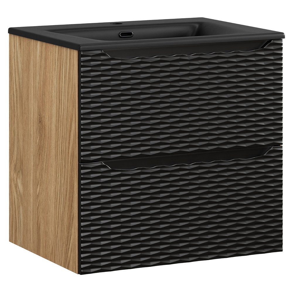 Lomadox Waschtisch OLUO-56-BLACK, 60cm mit Keramikwaschbecken, Eiche mit schwarz, 3D-Oberfläche
