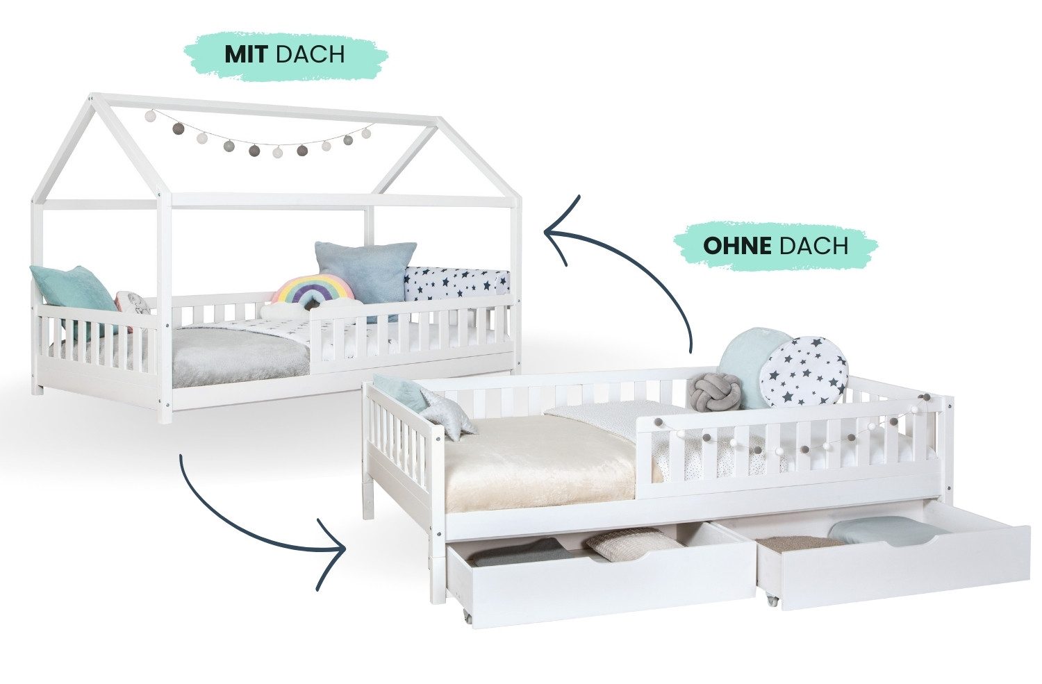 Ticaa Hausbett Duo mit Rausfallschutz und Schubkasten aus Kiefer, Bodenbett 90x200, inkl. abnehmbarem Dach, mit Rollrost