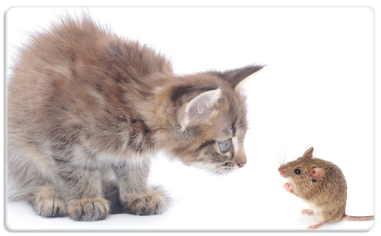 Wallario Frühstücksbrett Katze und Maus beim rutschfester 4mm, Spielen ESG-Sicherheitsglas, 1-St), (inkl. weißer - Hintergrund, 14x23cm Gummifüße