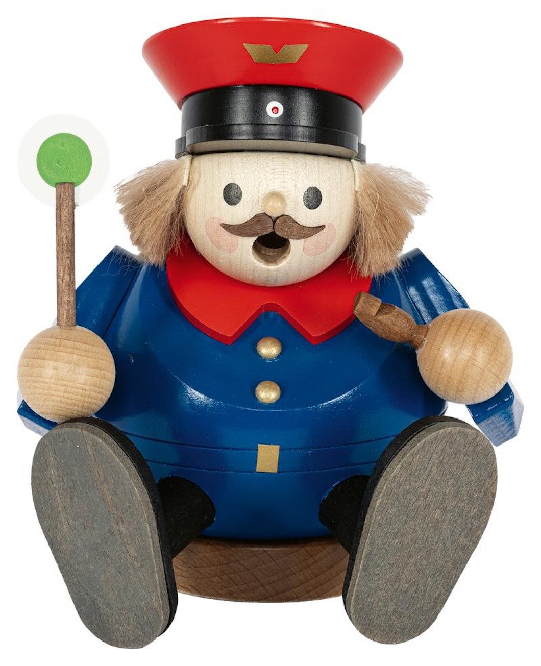 Erzgebirgische Volkskunst Richard Glässer GmbH Räuchermännchen Eisenbahner sitzend - Höhe: 13 cm - Handarbeit aus dem Erzgebirge, (1 St), Handarbeit aus dem Erzgebirge