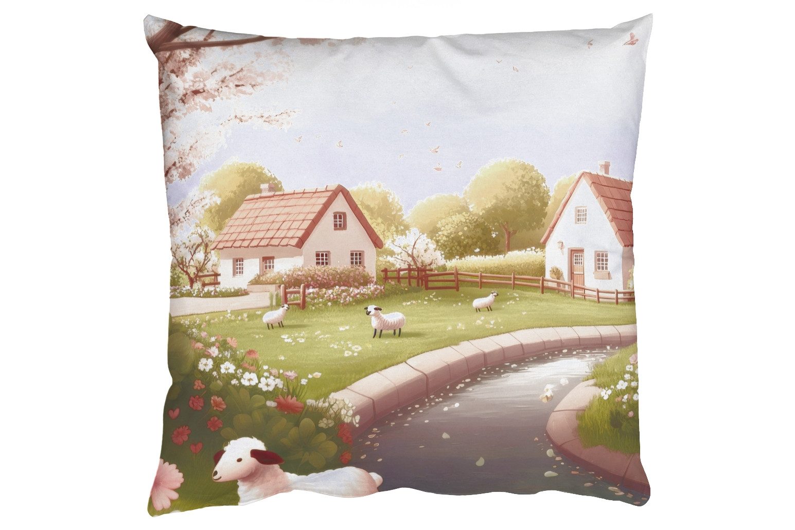 MuchoWow Dekokissen Schafe - Hütte - Landleben, Zierkissen mit Füllung für Wohnzimmer, Sofakissen, 40x40 cm