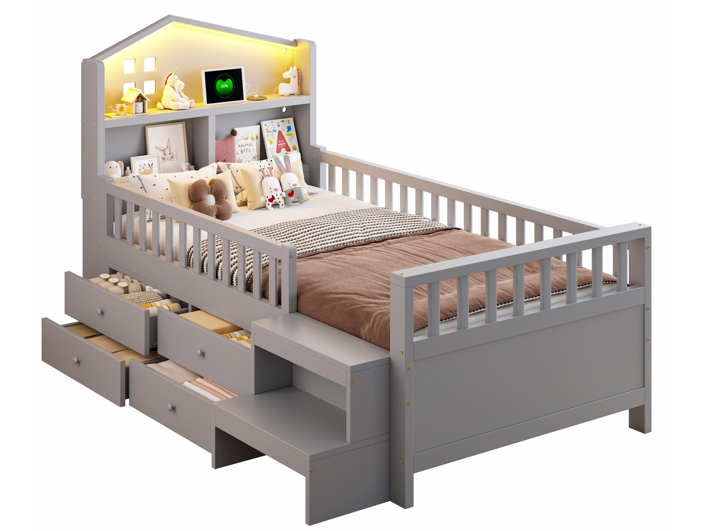 SeedWave Holzbett Kinderbett mit LED-Beleuchtung, Ladefunktion, Stauraum, 90×200cm, Hausförmiges Kopfteil, 2-stufige Treppe