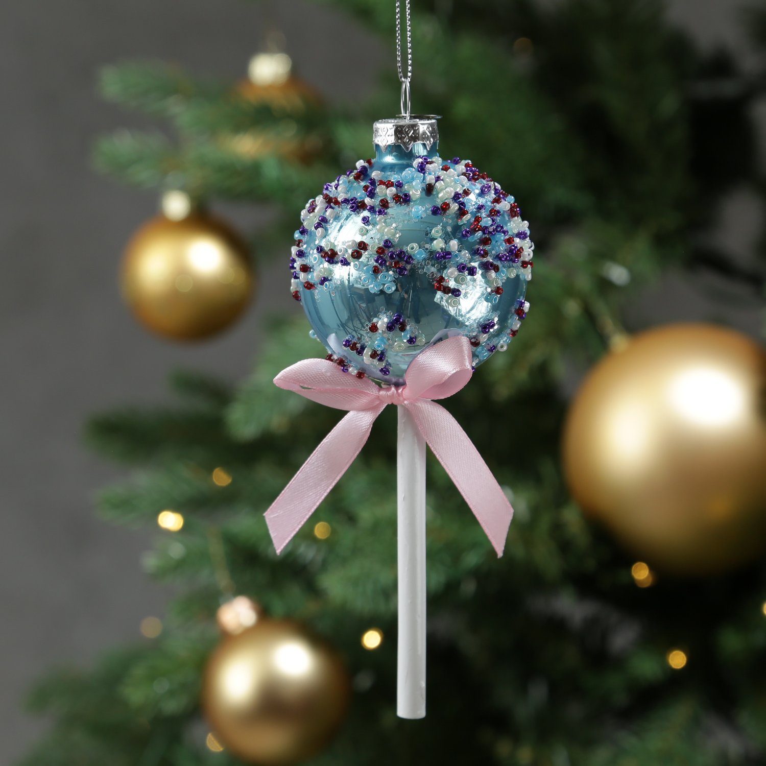 MARELIDA Christbaumschmuck Weihnachtsbaumschmuck Lolli Cake Pop mit Perlen Glas H: 16cm blau
