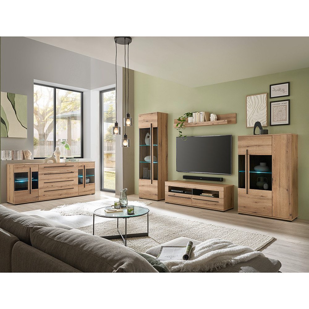 Lomadox Wohnzimmer-Set COLORADO-61, (Mega-Spar-Set, 5-St., Vitrinenschrank Vitrine Sideboard Lowboard Wandregal), in Eiche mit LED Glasbodenbeleuchtung und Softclose Schubladen