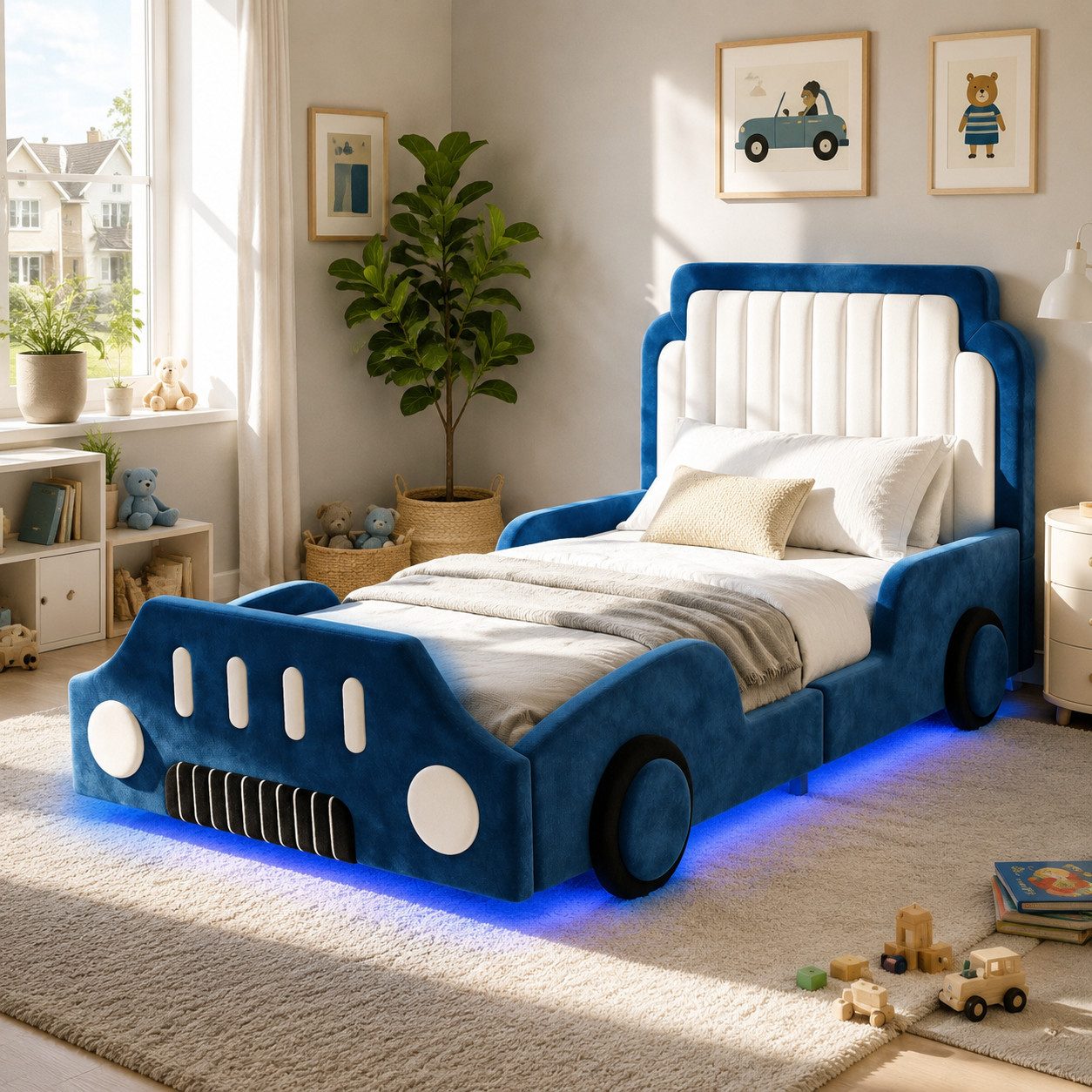 Celya Polsterbett Kinderbett 90 x 200cm, Einzelbett mit LED (ohne Matratze, autoförmiges Design, mit Schutzgeländer, samt)