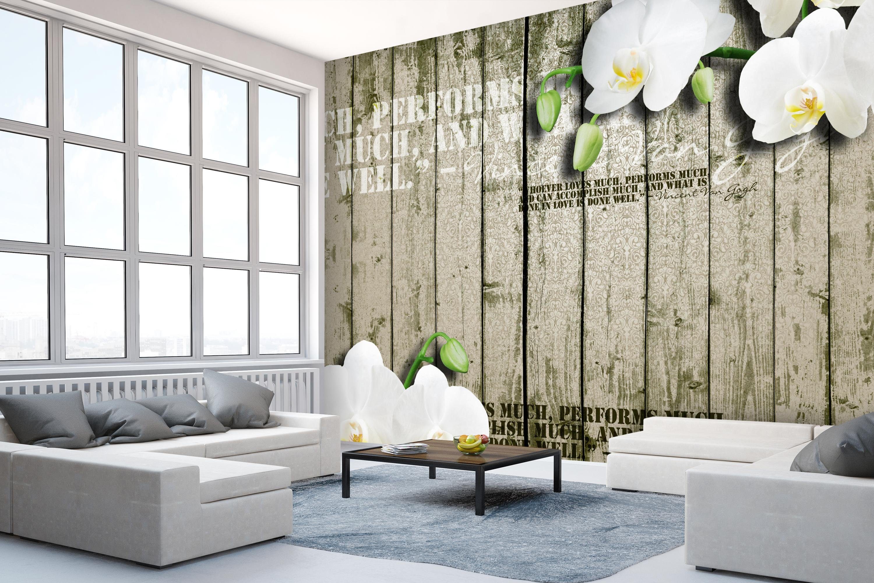 Wandtapete, Orchidee, weiße Zaun Fototapete wandmotiv24 glatt, Motivtapete, Vliestapete Holz matt,
