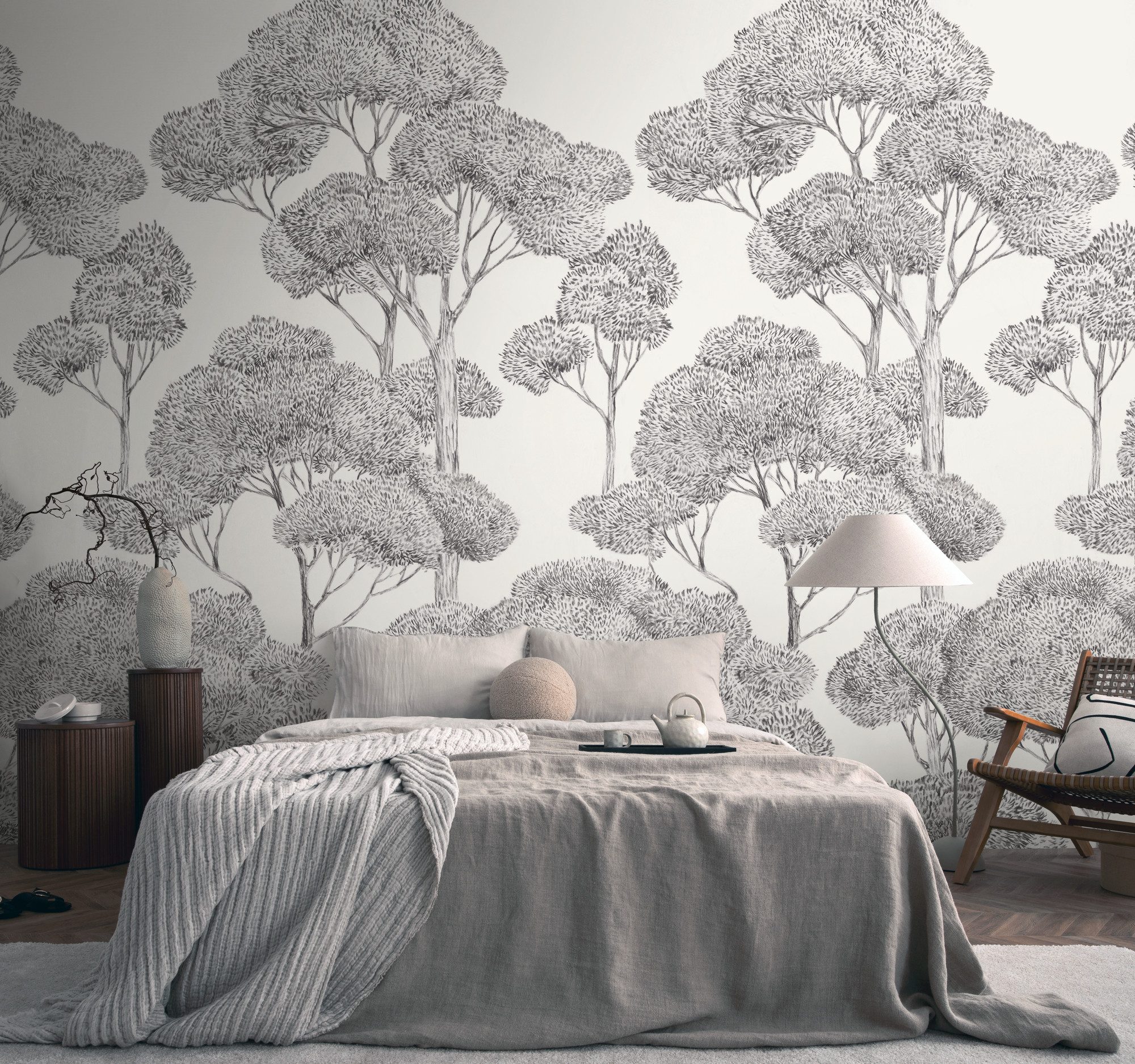 living walls Vliestapete Vibes & Styles Silvanor – Forest Sketch Fototapete, leicht strukturiert, Comic, (1 St), Stilisierte Baumlandschaft mit feinen Linien und ruhiger Tiefenwirkung
