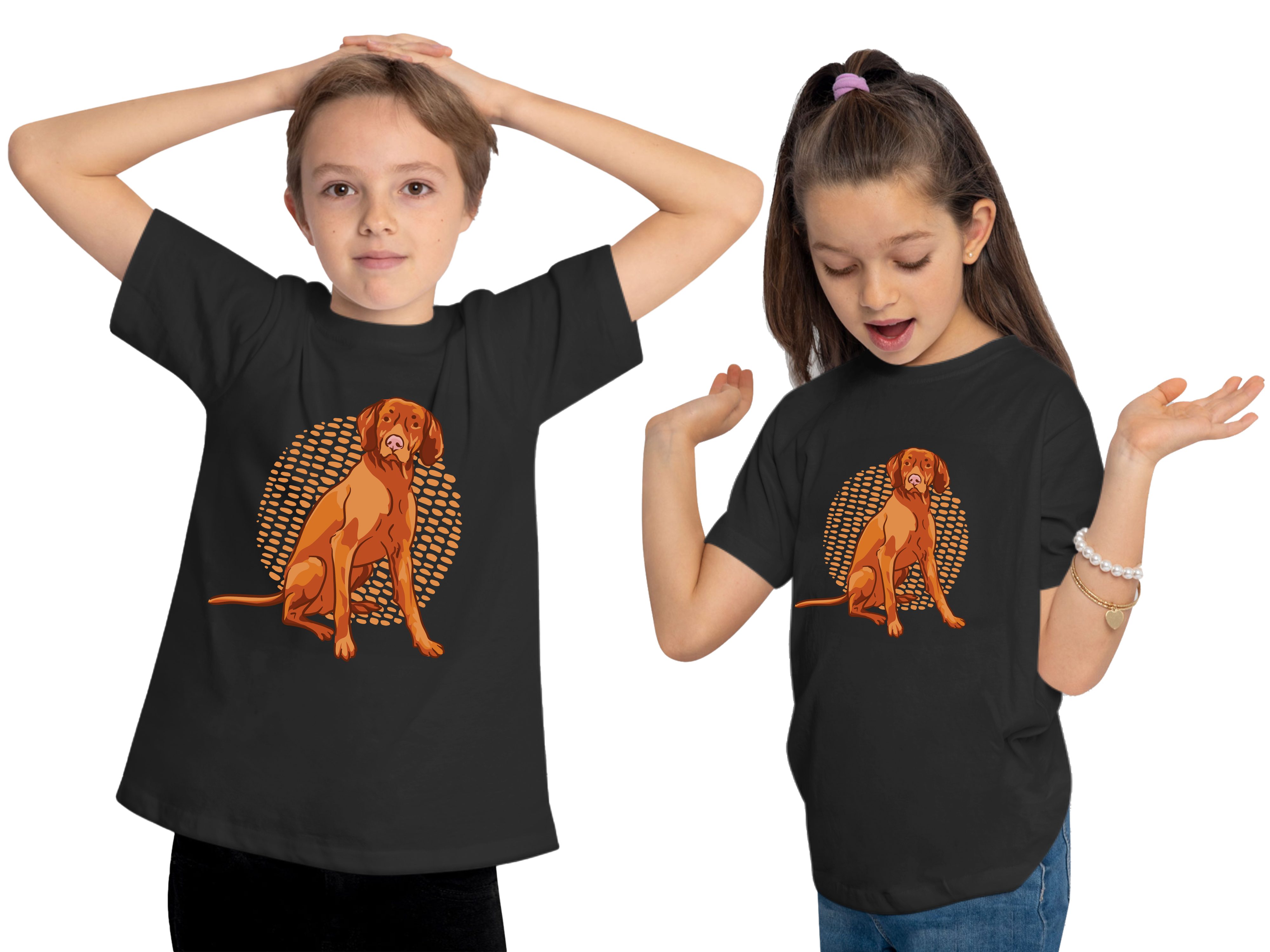 Kinder mit bedruckt brauner Hund Shirt Aufdruck, T-Shirt i257 Print MyDesign24 - Baumwollshirt Sitzender schwarz Hunde