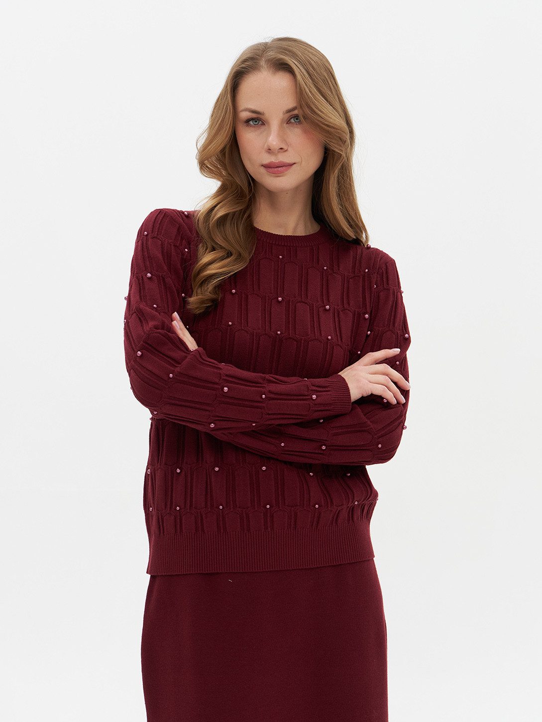 Passioni Strickpullover Pullover mit Perlen Details Geometrisches Strukturstrickmuster mit dekorativen Perlenapplikationen