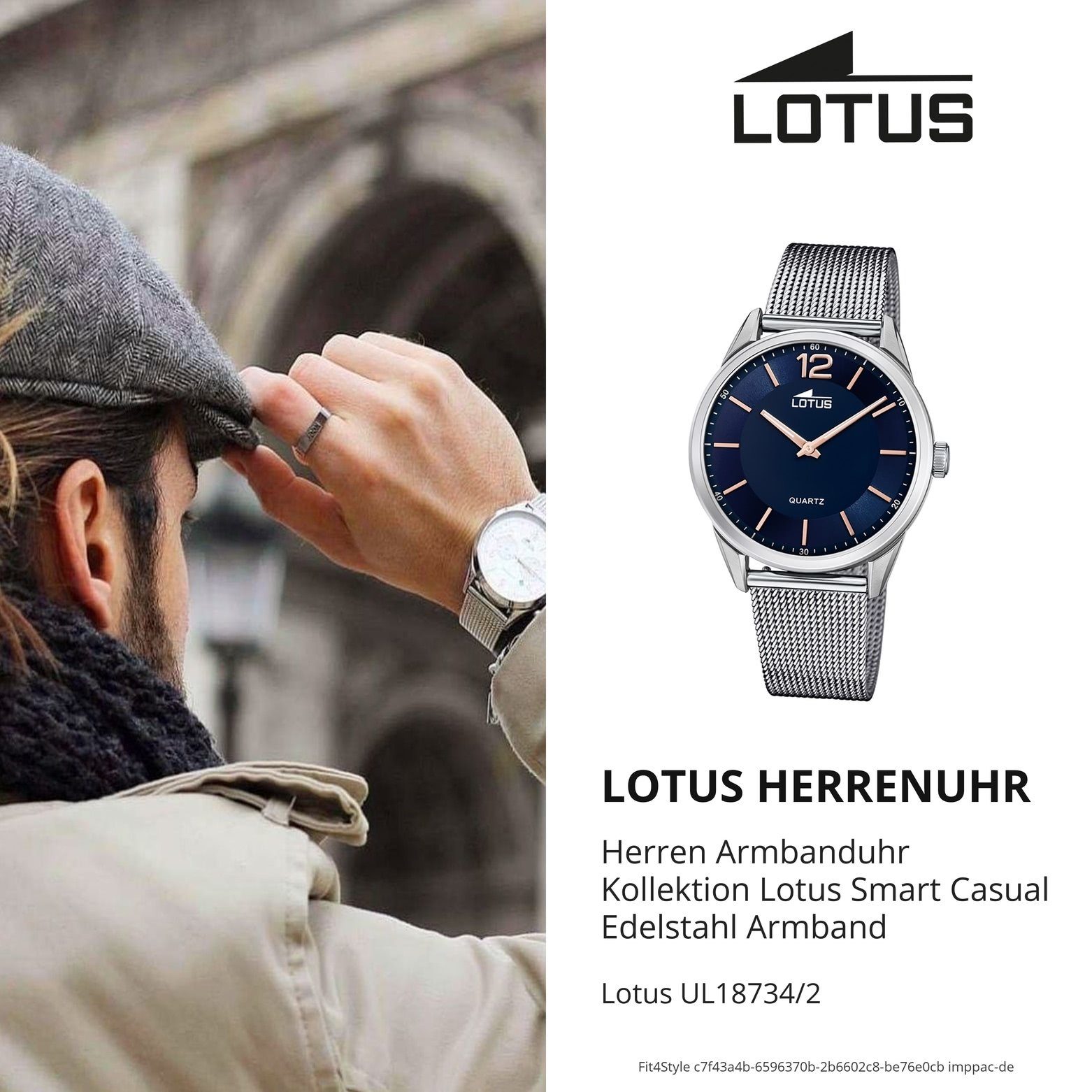 Lotus Quarzuhr Lotus Herren Armbanduhr Herrenuhr Smart 40mm) Edelstahlarmband silber (ca. Casual, groß rund