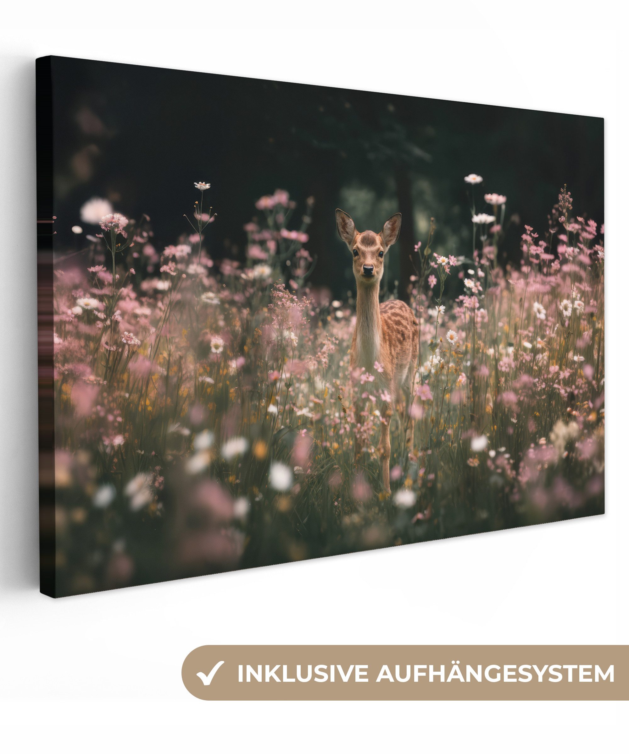 OneMillionCanvasses® Leinwandbild Hirsche - Wildblumen - Wald, Fotodruck (1 günstig online kaufen