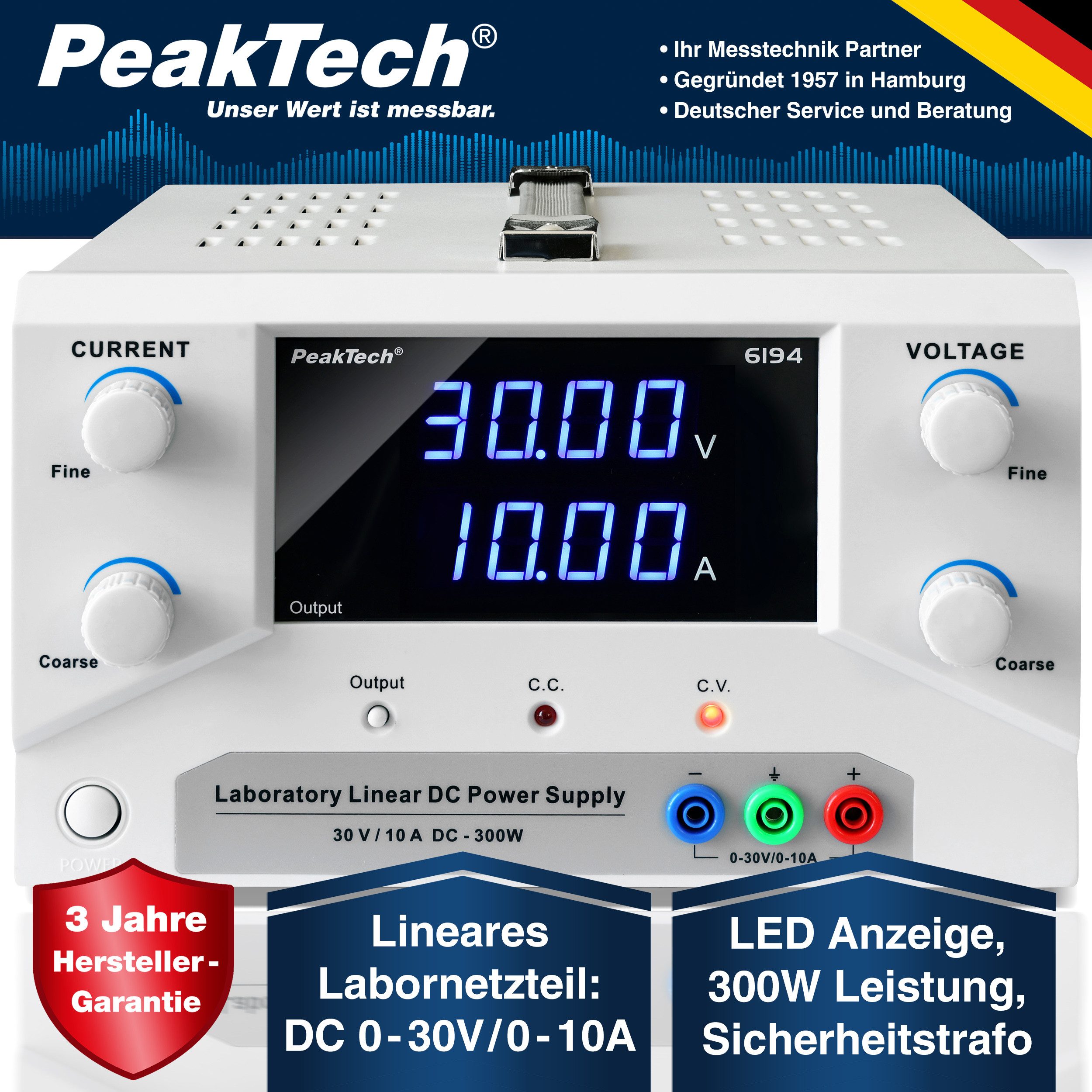 PeakTech 30 V 10 A DC Labornetzteil 0–30 V/0–10 A SELV, linear Labor-Netzteil