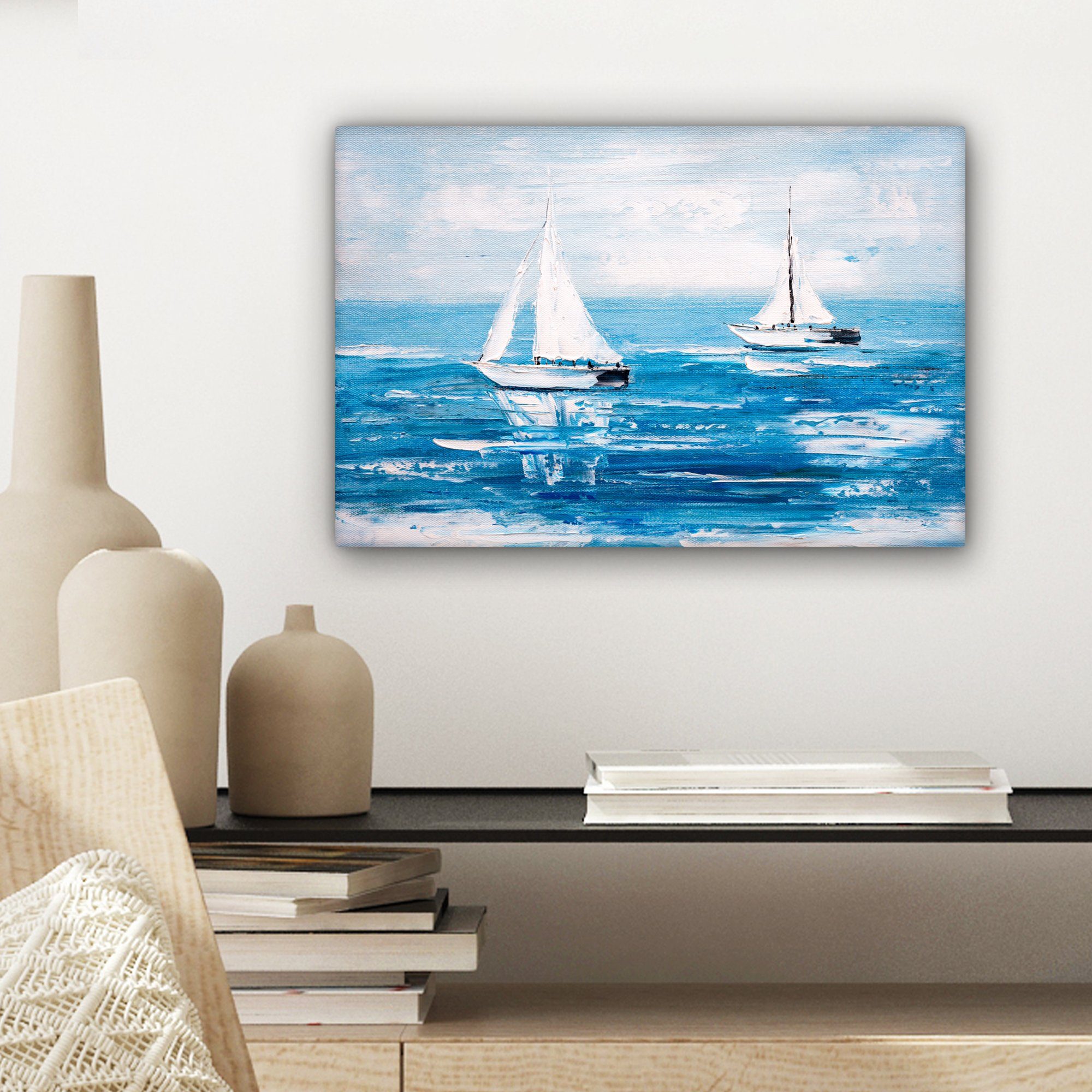 OneMillionCanvasses® Leinwandbild Malerei - Ölfarbe - Boot - Wasser, Fotodruck (1 St), Leinwand Bilder Klein, Wand Dekoration Aesthetic 30x20 cm