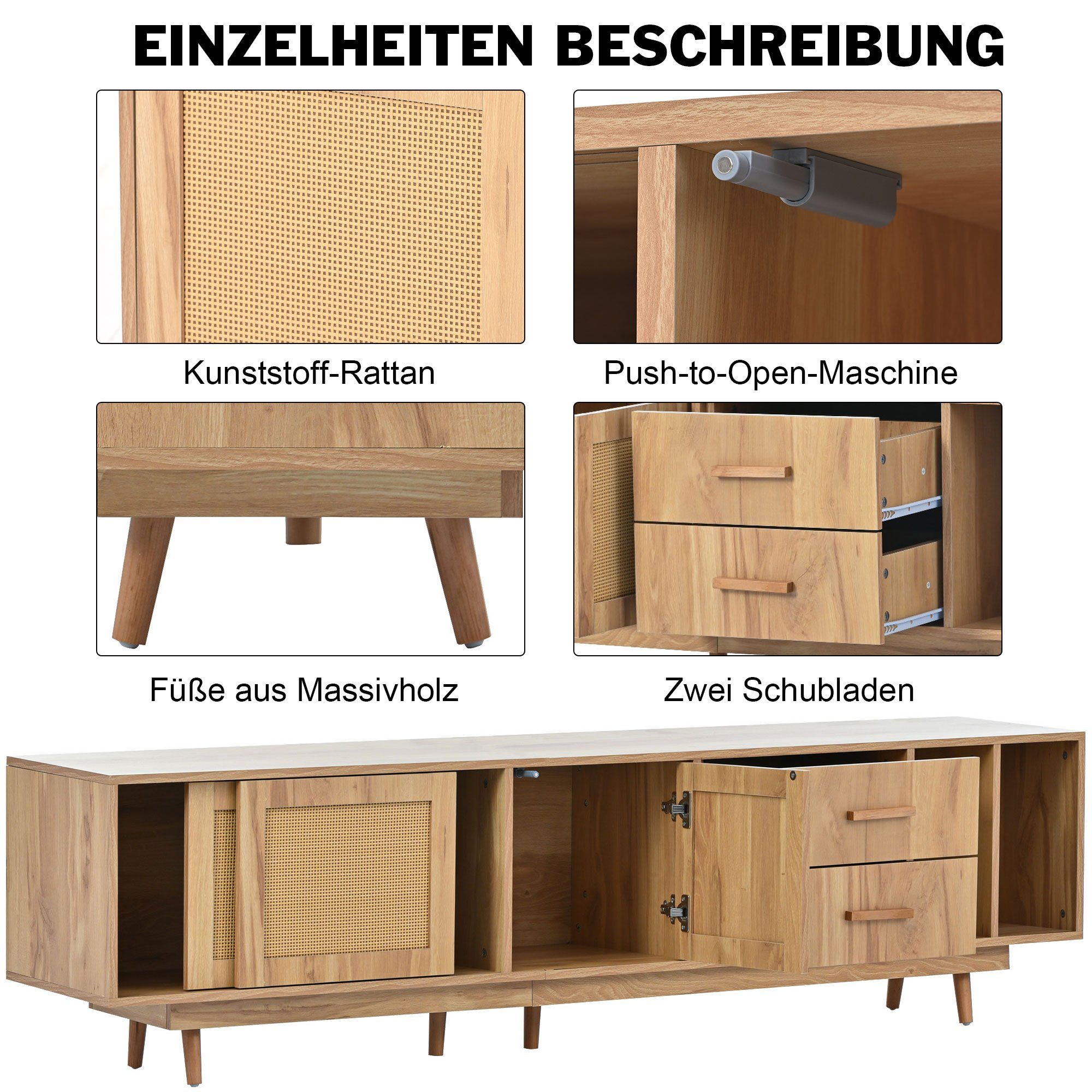 Lowboard (mit 2 Schiebetüren, 1 Türen und 2 Schublade), TV-Schrank Türen aus Rattangeflecht, Massivholzbeine, Breite 190 cm