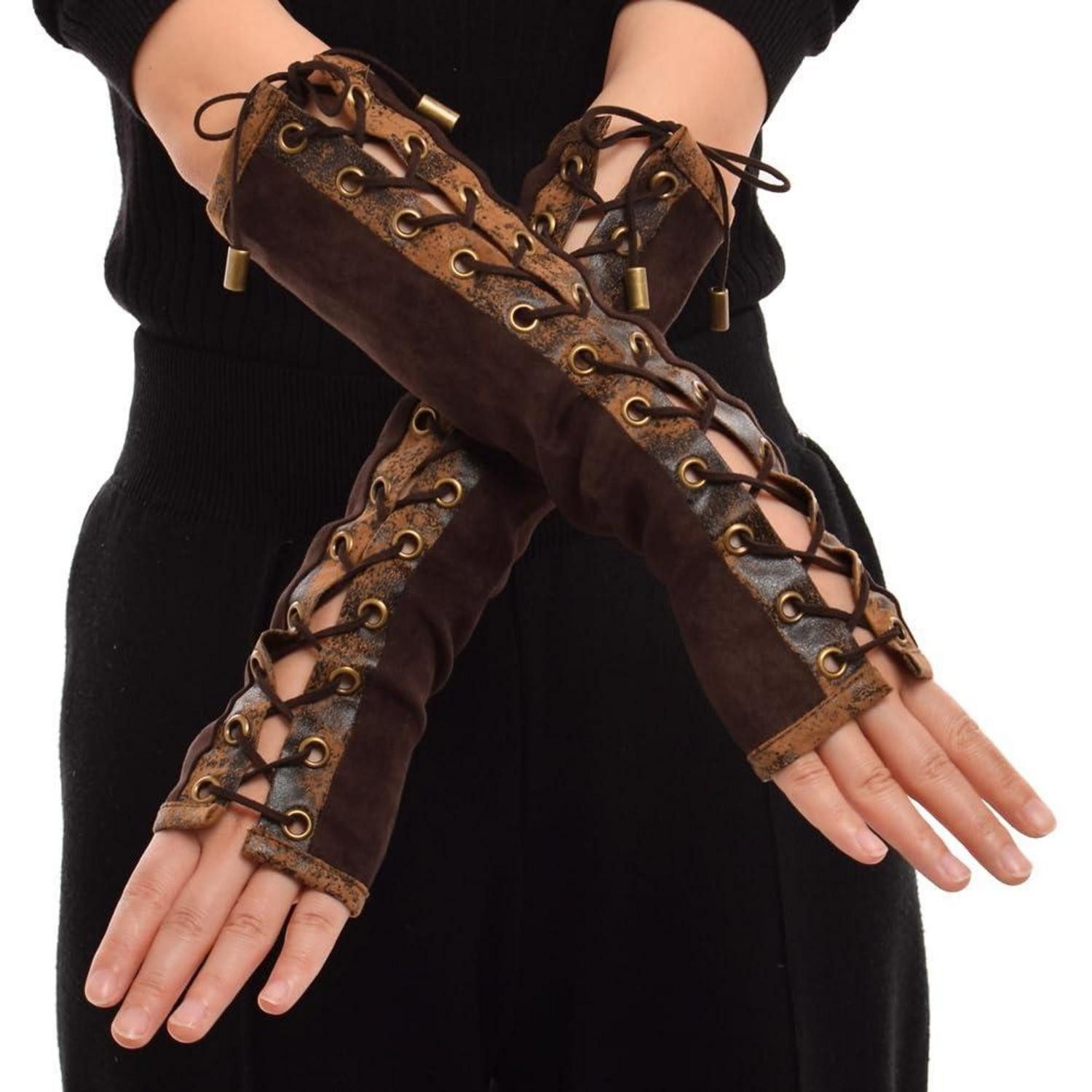 LuxusKollektion Abendhandschuhe Fingerlose Handschuhe Damen Steampunk Ellenbogen Braun (1-St)