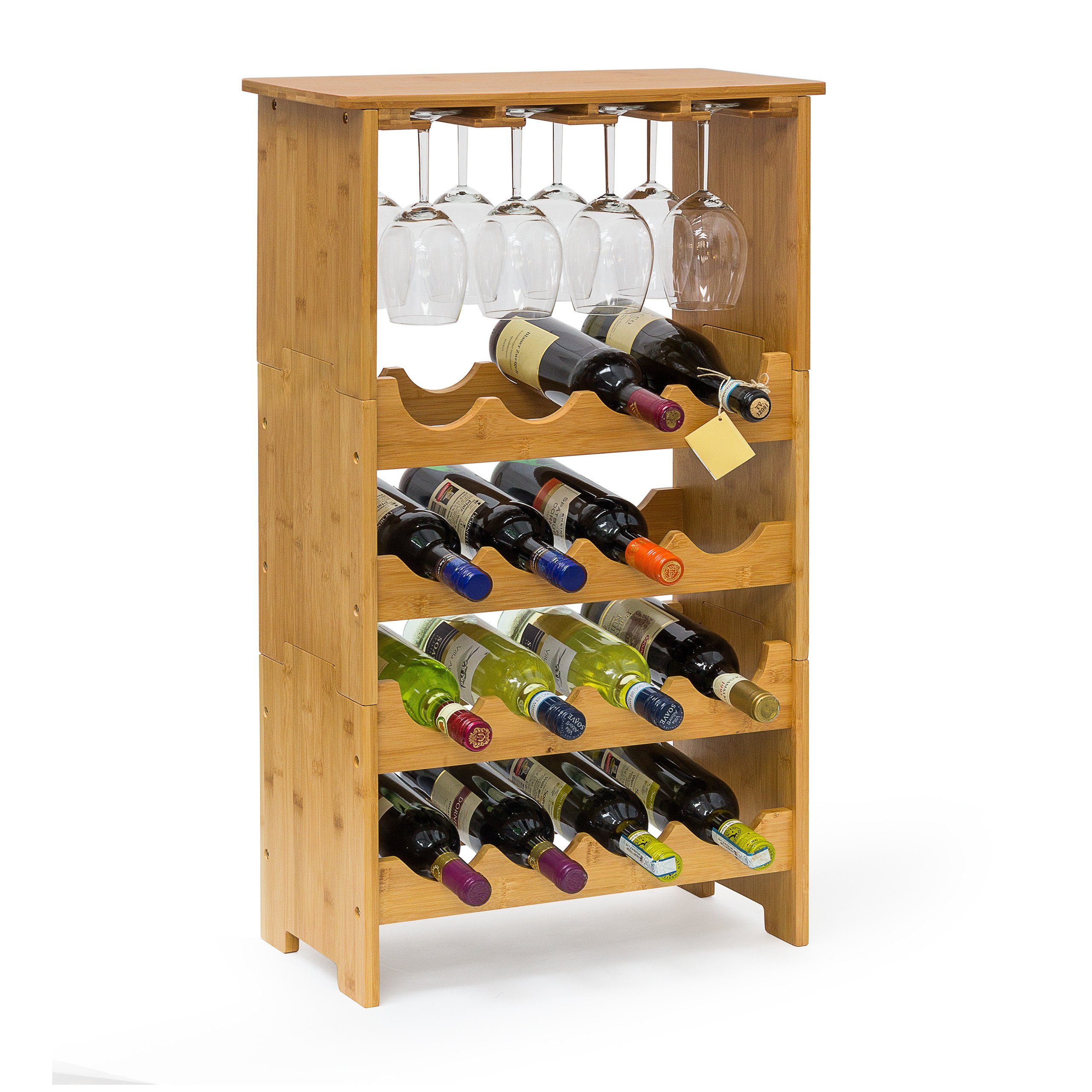 Weinregal Bambus 16 Flaschen + 12 Gläs