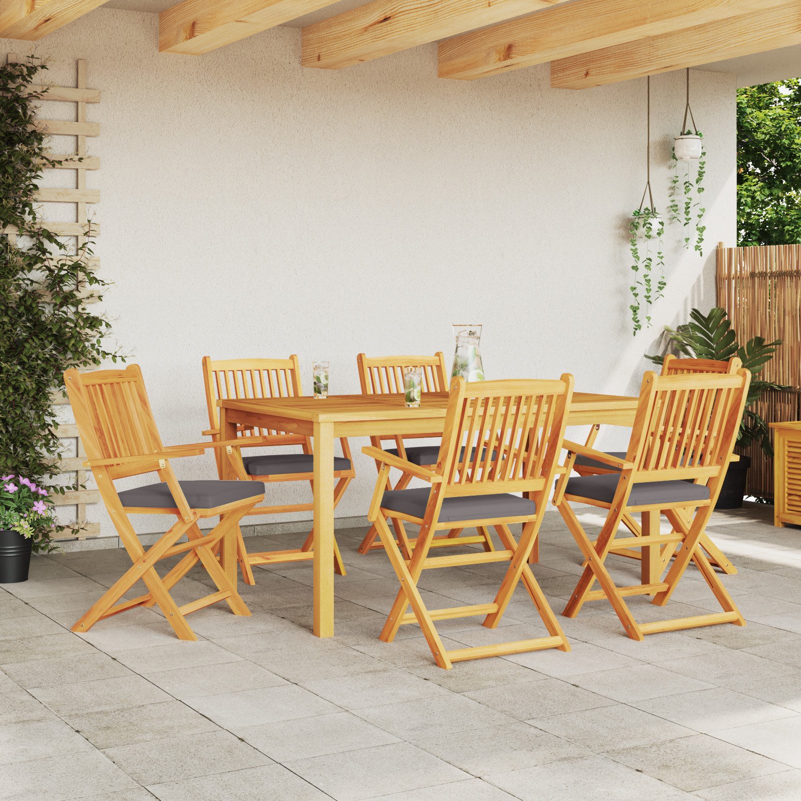 vidaXL Gartenstuhl Garten-Klappstühle mit Grauen Kissen 6 Stk. Massivholz (6 St)