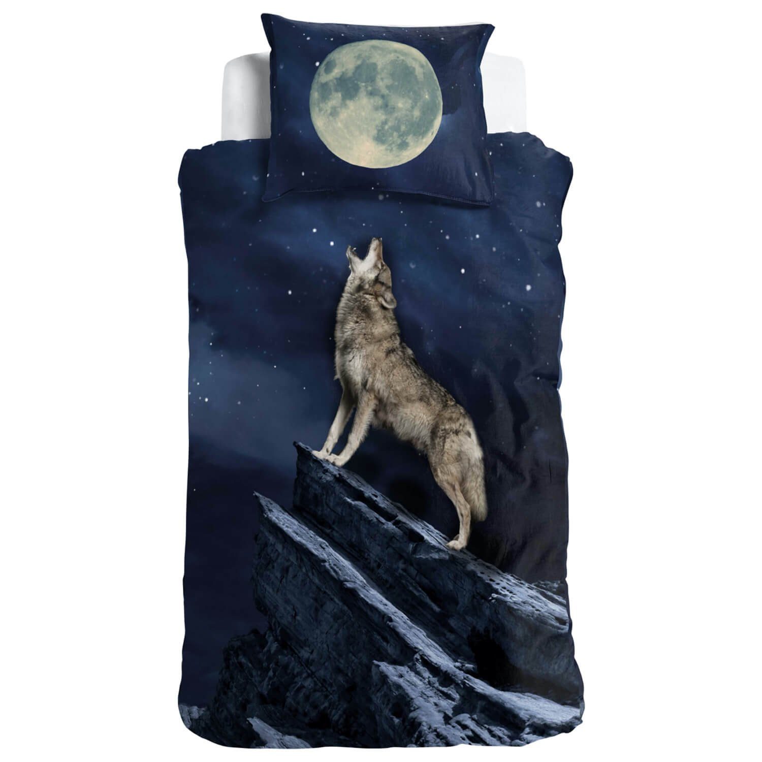 Bettwäsche Wolf Vollmond, ESPiCO, Renforcé, 2 teilig, Raubtier, Sterne, Mond