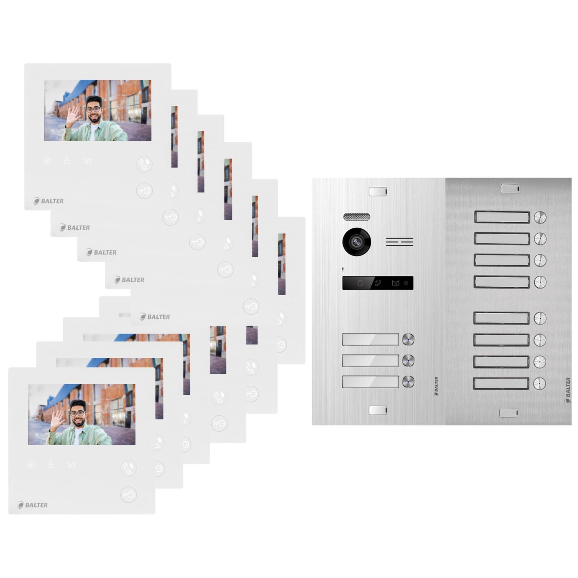 Balter Video-Türsprechanlage BALTER EVO MINI Türsprechanlage 2-Draht BUS 11-Familienhaus Silber (Set, 11-Familienhaus, Komplettset, Analog 150° Kamera, Farbdisplay-Monitor)