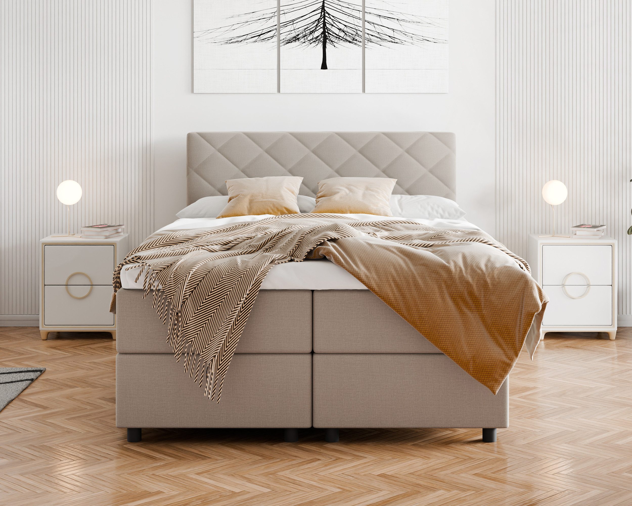 Homesy Boxbett DIAMARO (Boxspringbett inkl. integrierter Matratze und Topper), Praktischer Stauraum mit seitlicher Öffnung