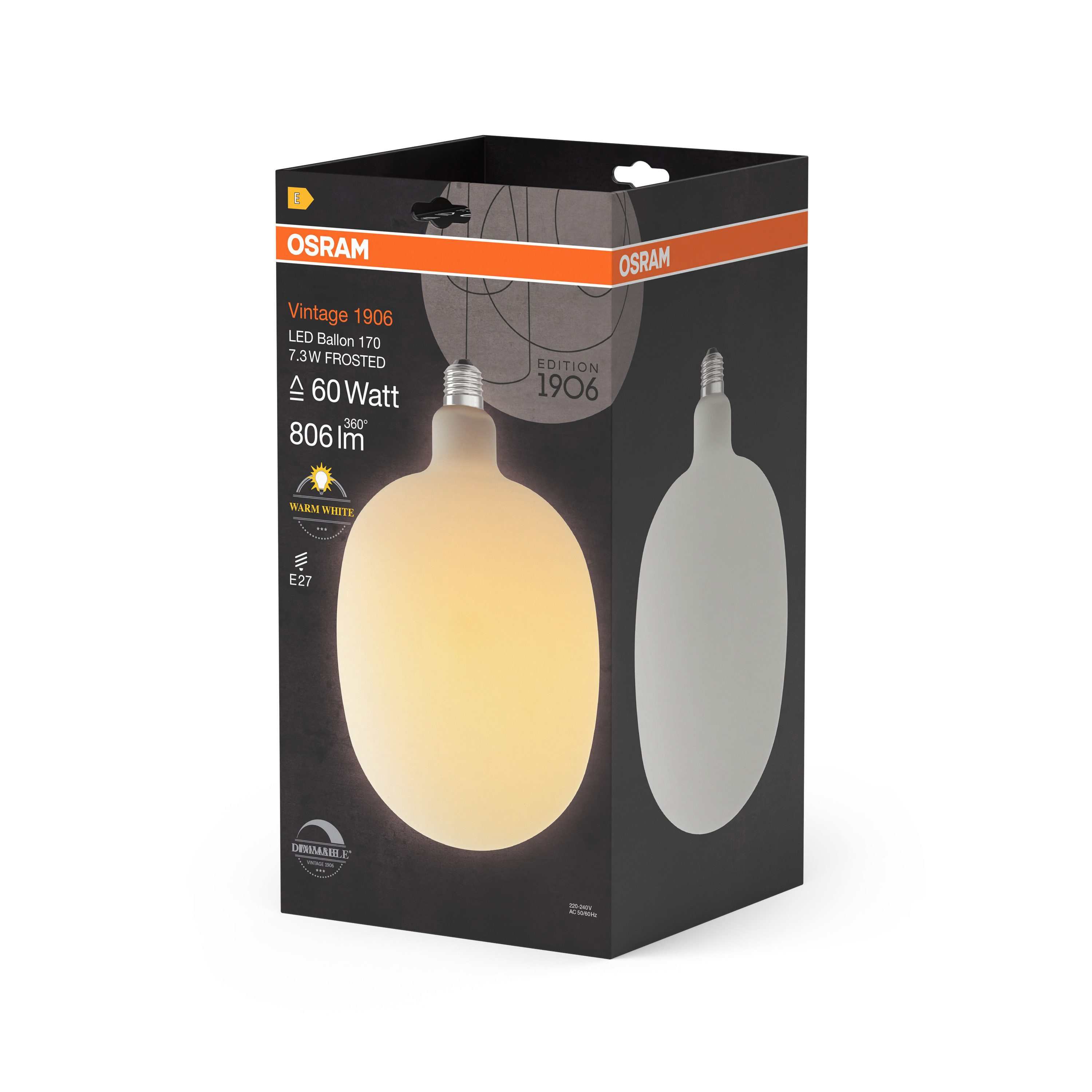 Ledvance LED-Leuchtmittel Vintage 1906 Balon 60 Filament DIM 7.3W 827 Frosted E27, E27, 1 St., Warm weiß, Geringerer Energieverbrauch als Glüh- oder Halogenlampen