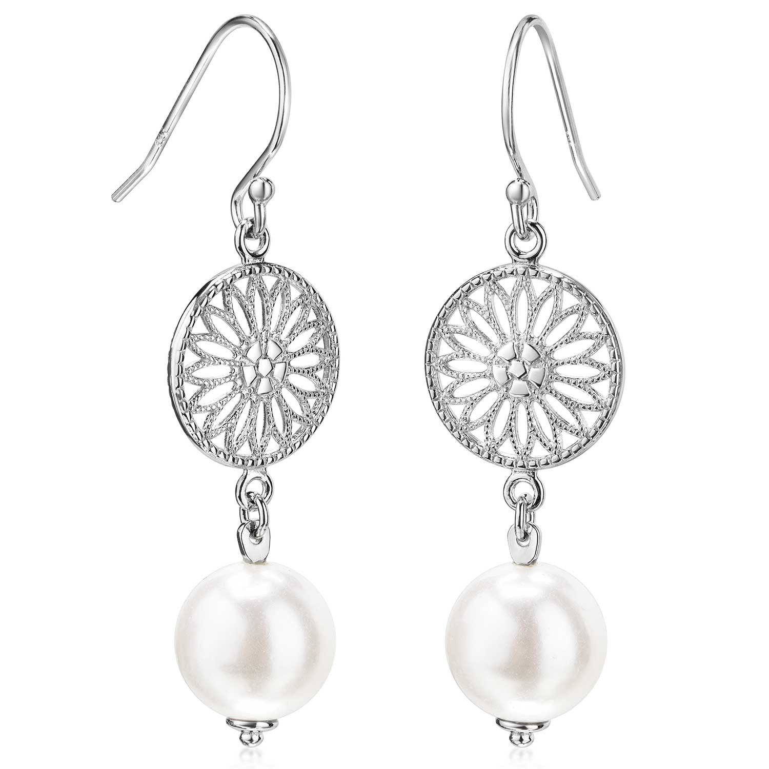 Materia Paar Ohrhänger Blume des Lebens mit Süßwasser Perle weiß SO-305-Silber, 925 Sterling Silber