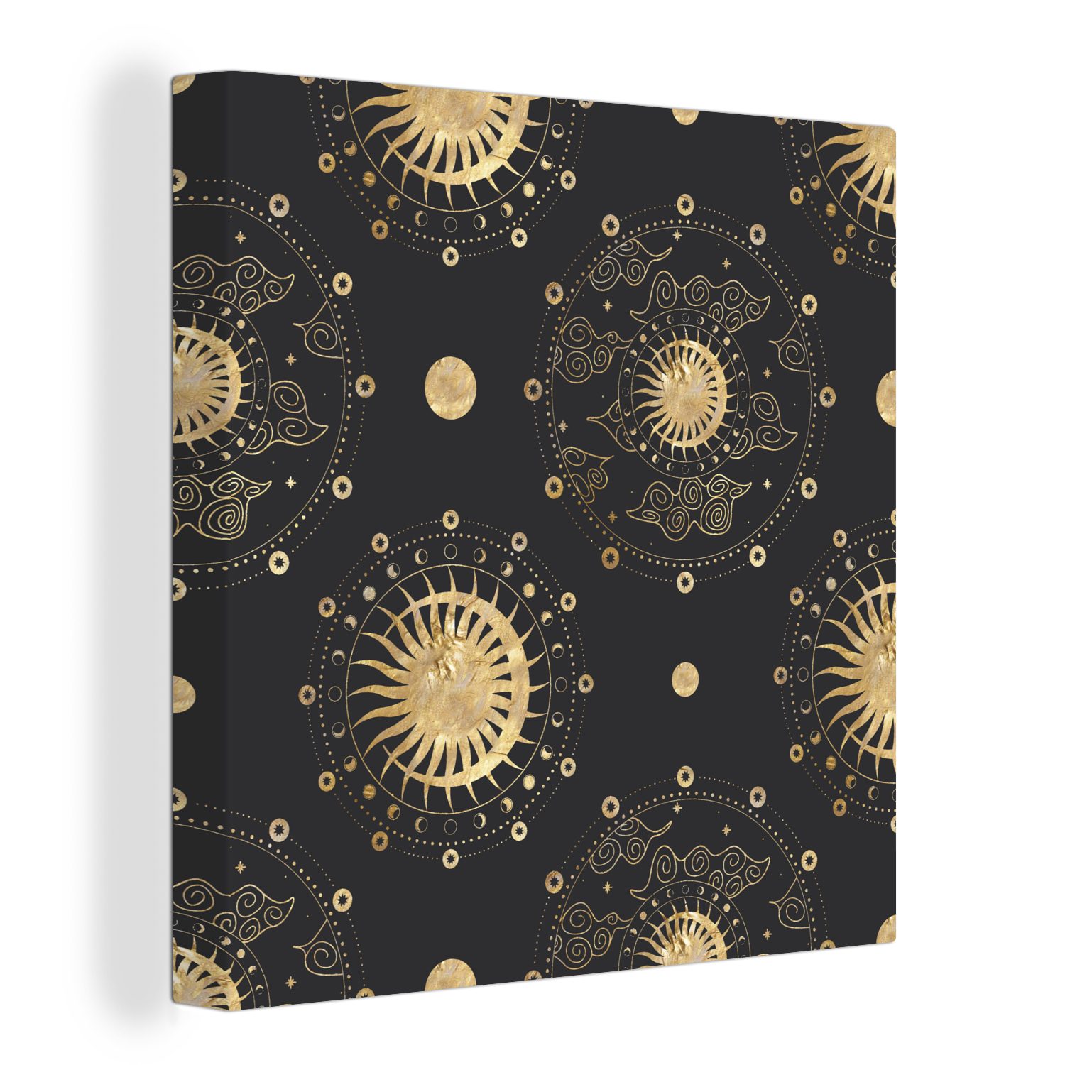 OneMillionCanvasses® Leinwandbild Muster - Mond - Sonne - Gold, (1 St), Leinwand Bilder für Wohnzimmer Schlafzimmer