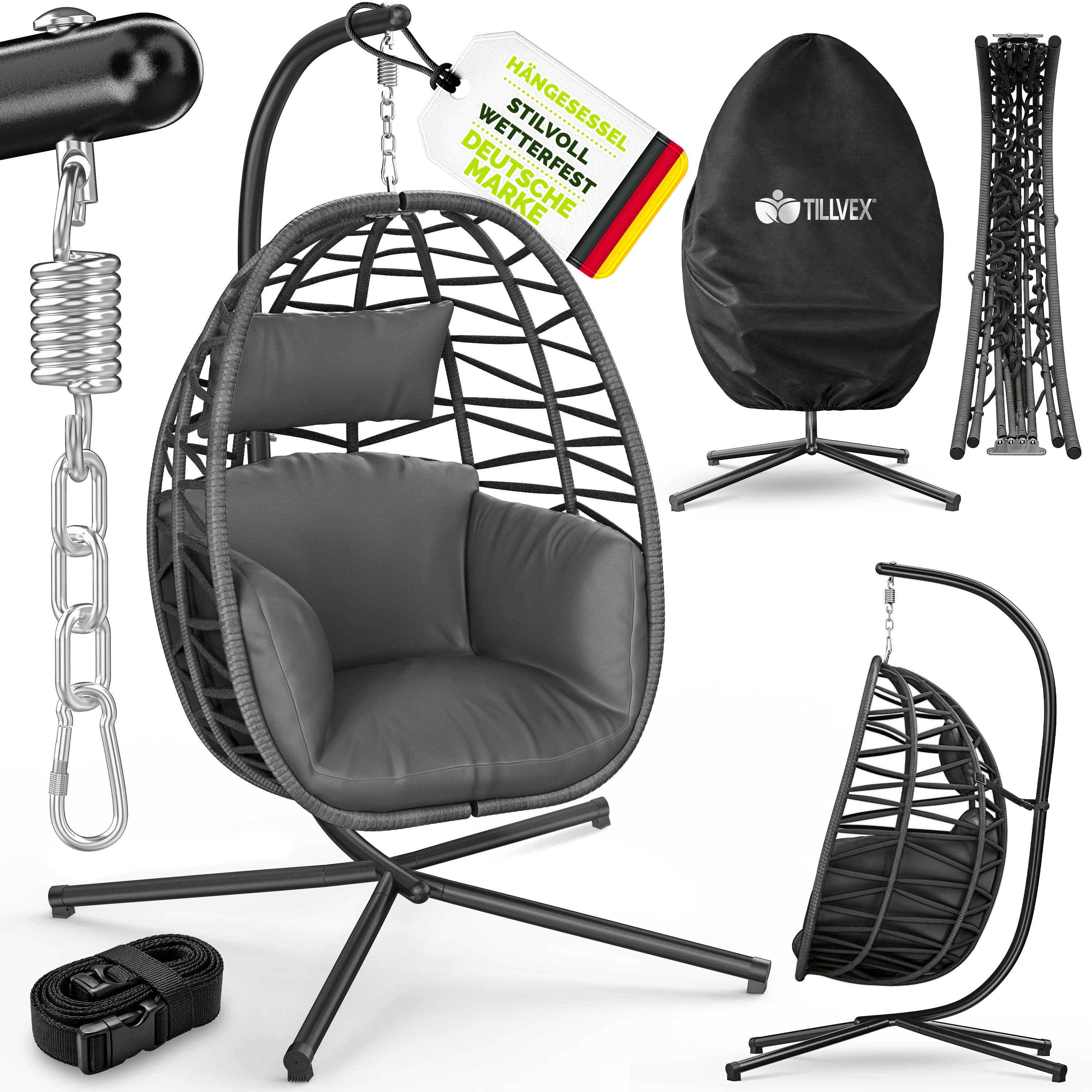 tillvex Hängesessel tillvex® Swivo Hängesessel mit Gestell inkl. wetterfester Abdeckung (Hängekorb klappbar bis 150 kg, Hängesitz aus Rattan, Hängestuhl für Indoor Garten Balkon Terrasse), mit Gestell Outdoor & wetterfester Abdeckung mit Befestigung