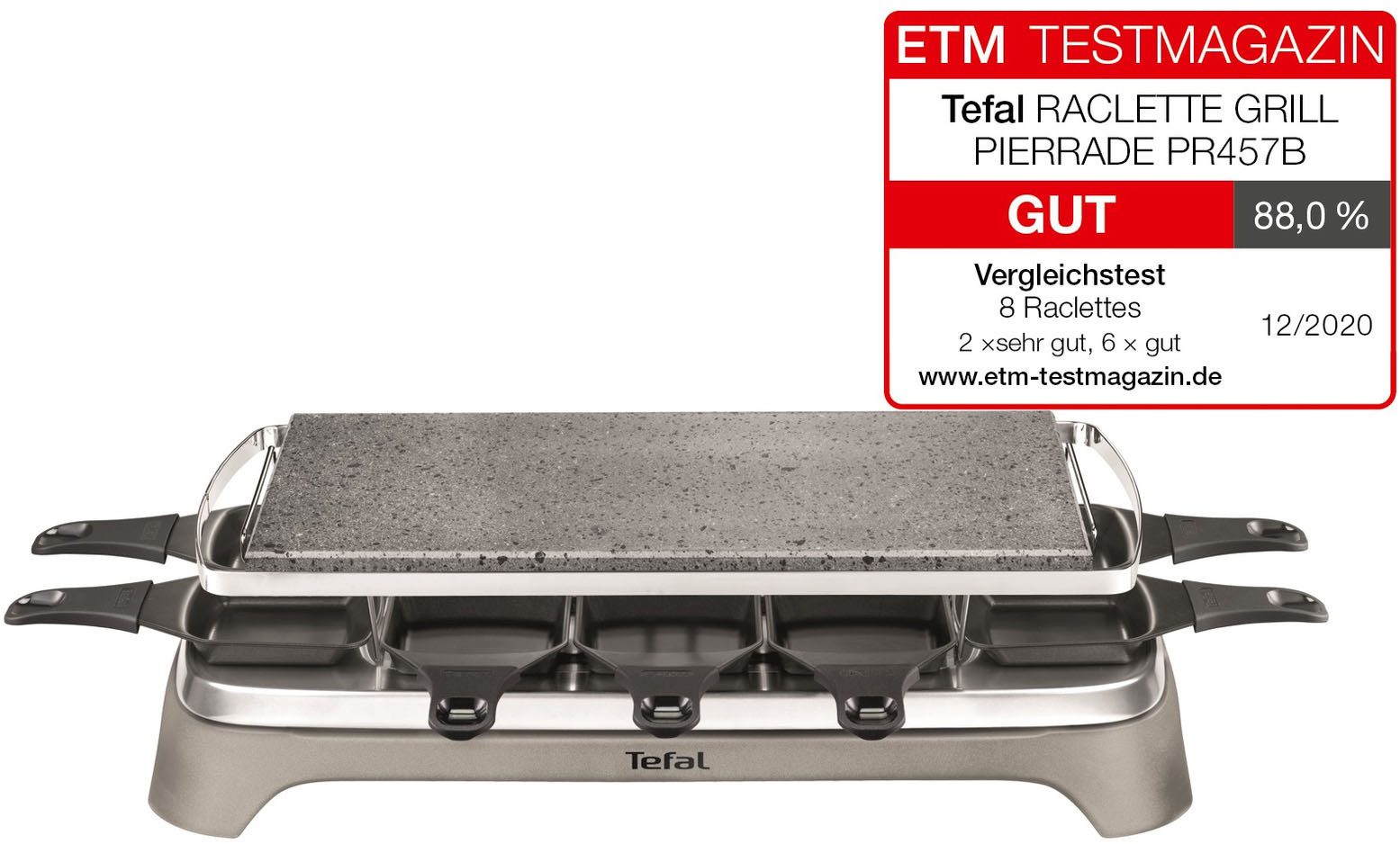 Tefal Raclette Pierrade, Naturstein, spülmaschinengeeignete Pfännchen, 10 Raclettepfännchen, 1350 W, Abnehmbares Kabel, inkl. Schaber, PR457B