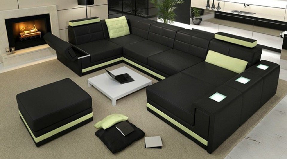 Sofa Polster Ledersofa JVmoebel Hocker + Ecksofa, Ecksofa U Form Couch Wohnlandschaft Schwarz/Grün