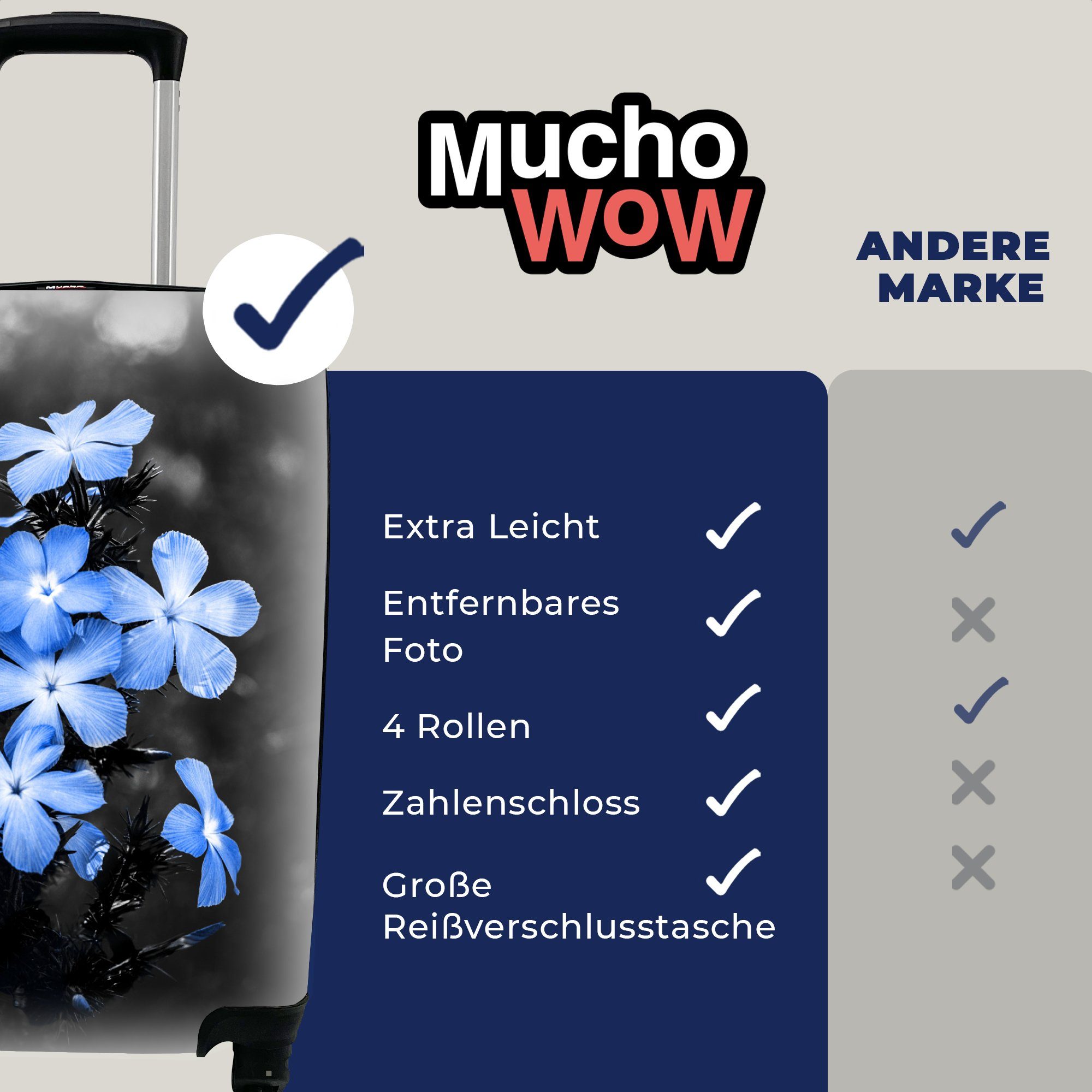 MuchoWow Handgepäckkoffer rollen, - Blau, Reisetasche Rollen, Handgepäck Schwarz Reisekoffer Blumen für Trolley, Ferien, mit - - Weiß 4