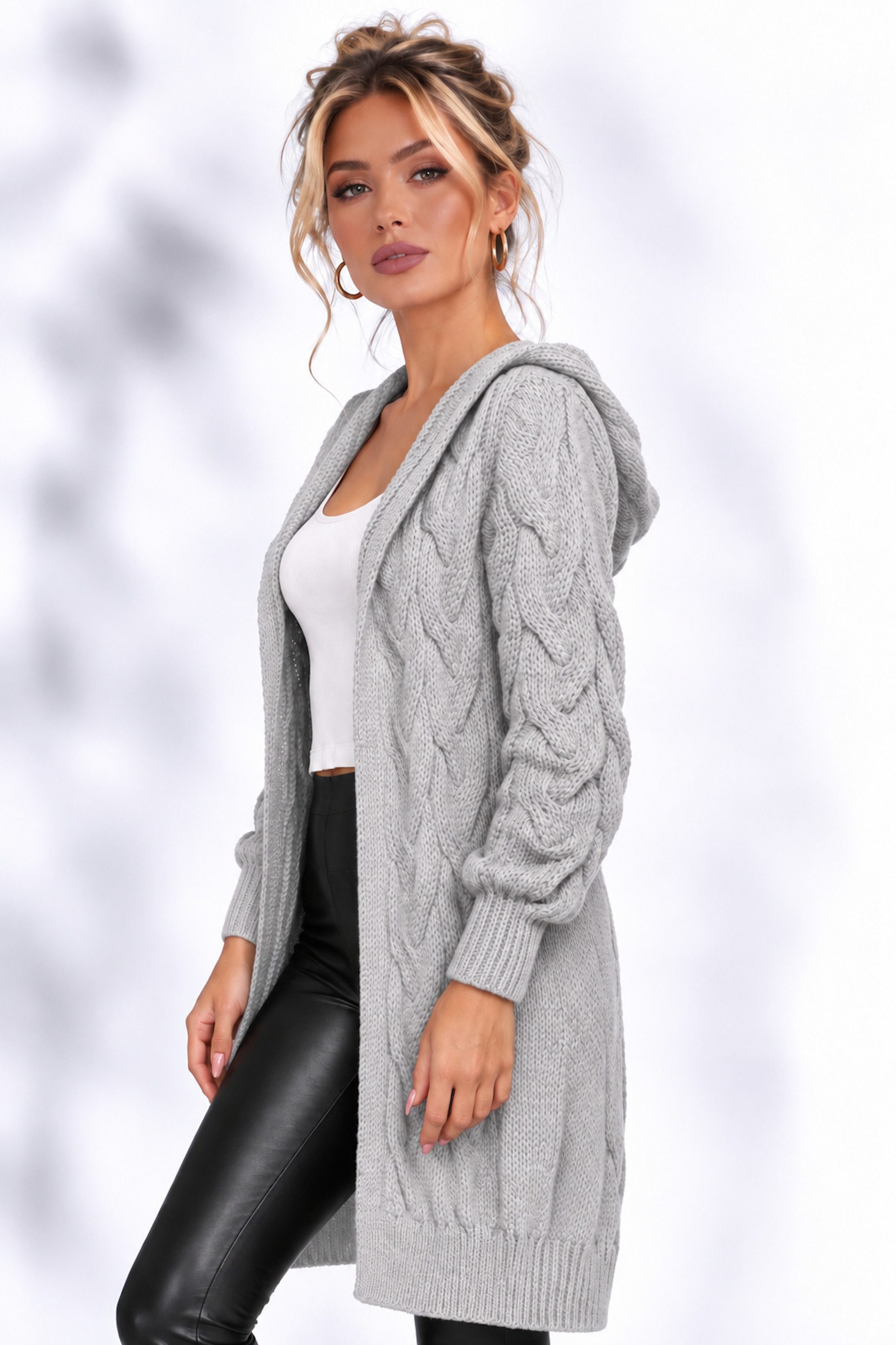 Worldclassca Kapuzenstrickjacke Worldclassca lange Strickjacke Zopfmuster Cardigan Kapuze Bolero Neue Kollektion - Stilvolle und gemütliche Strick Mode für Dame – Bild 2 von 3