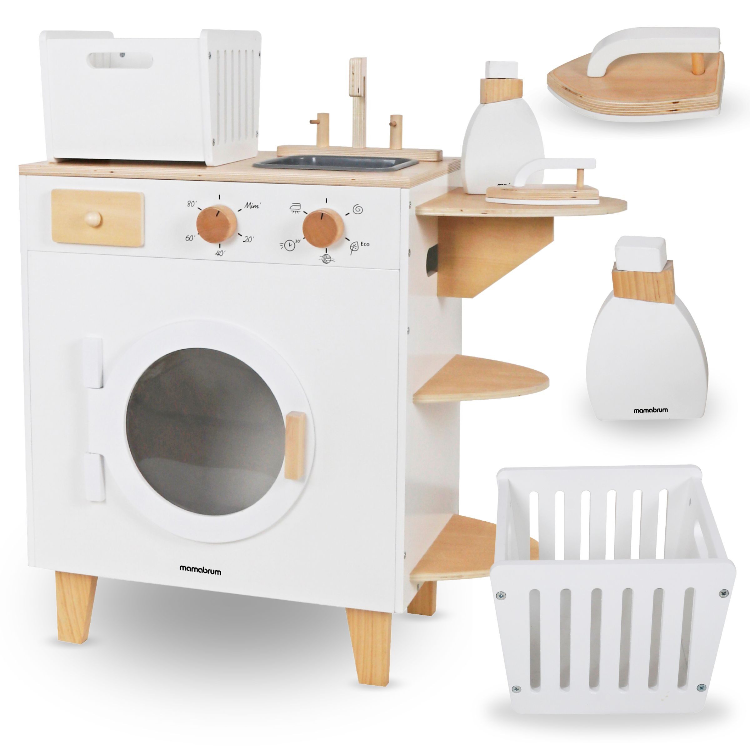 Mamabrum Kinder-Waschmaschine Kinder-Waschmaschine aus Holz – Spielset mit Bügeleisen und Wäschekorb