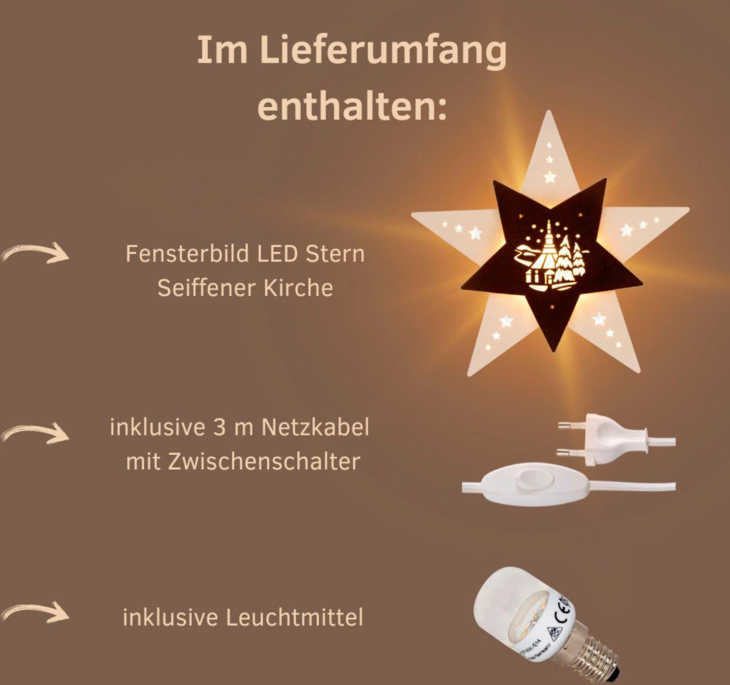 Weigla Dekostern LED Seiffener Kirche, Fensterbild, Weiẞ-BRAUN, Made in Germany, 1 St., Erzgebirge garantiert, Weihnachtsdeko Innen, Weihnachtsbeleuchtung